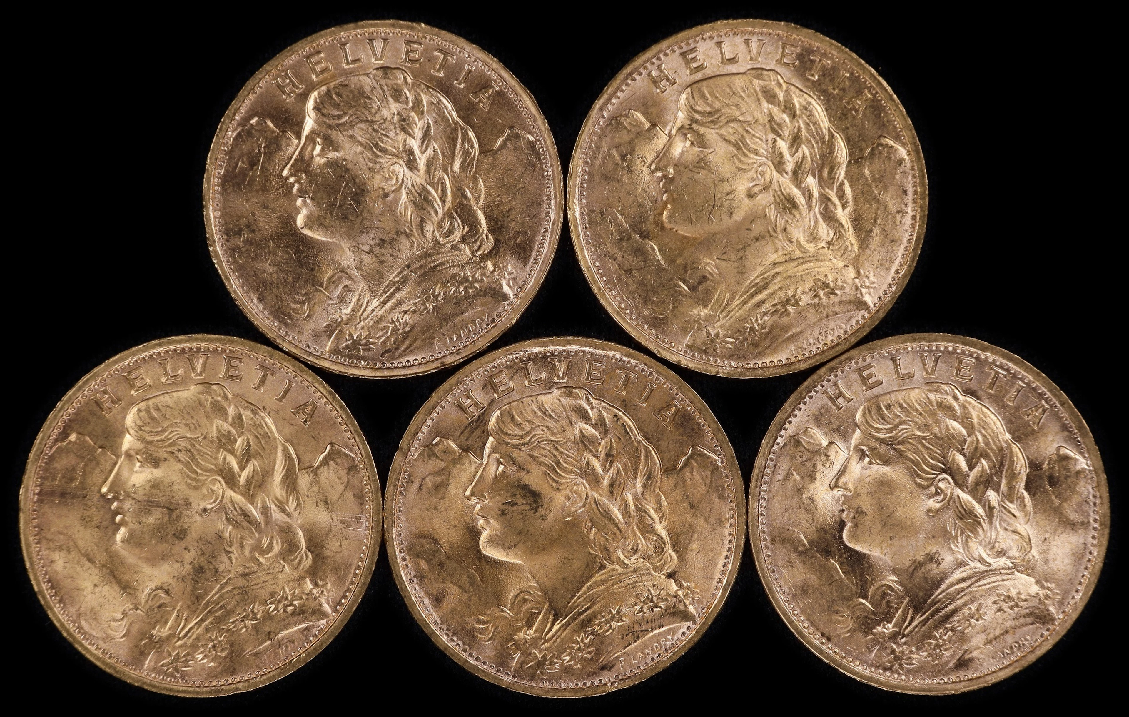 (0.935 oz, 29.082 g AGW). Switzerland. Lot of (5) Mixed Date Gold 20 Francs.