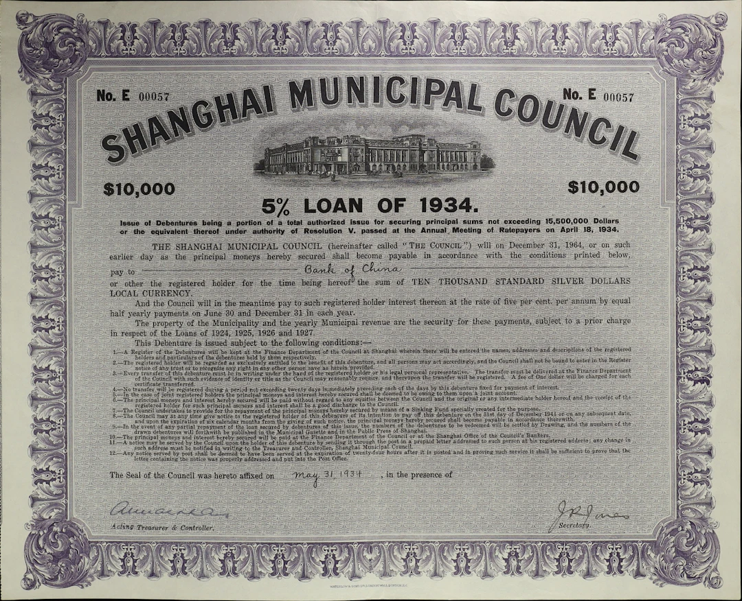 CHINA--REPUBLIC. 1934 5% Shanghai Municipal Council Loan, Bond for