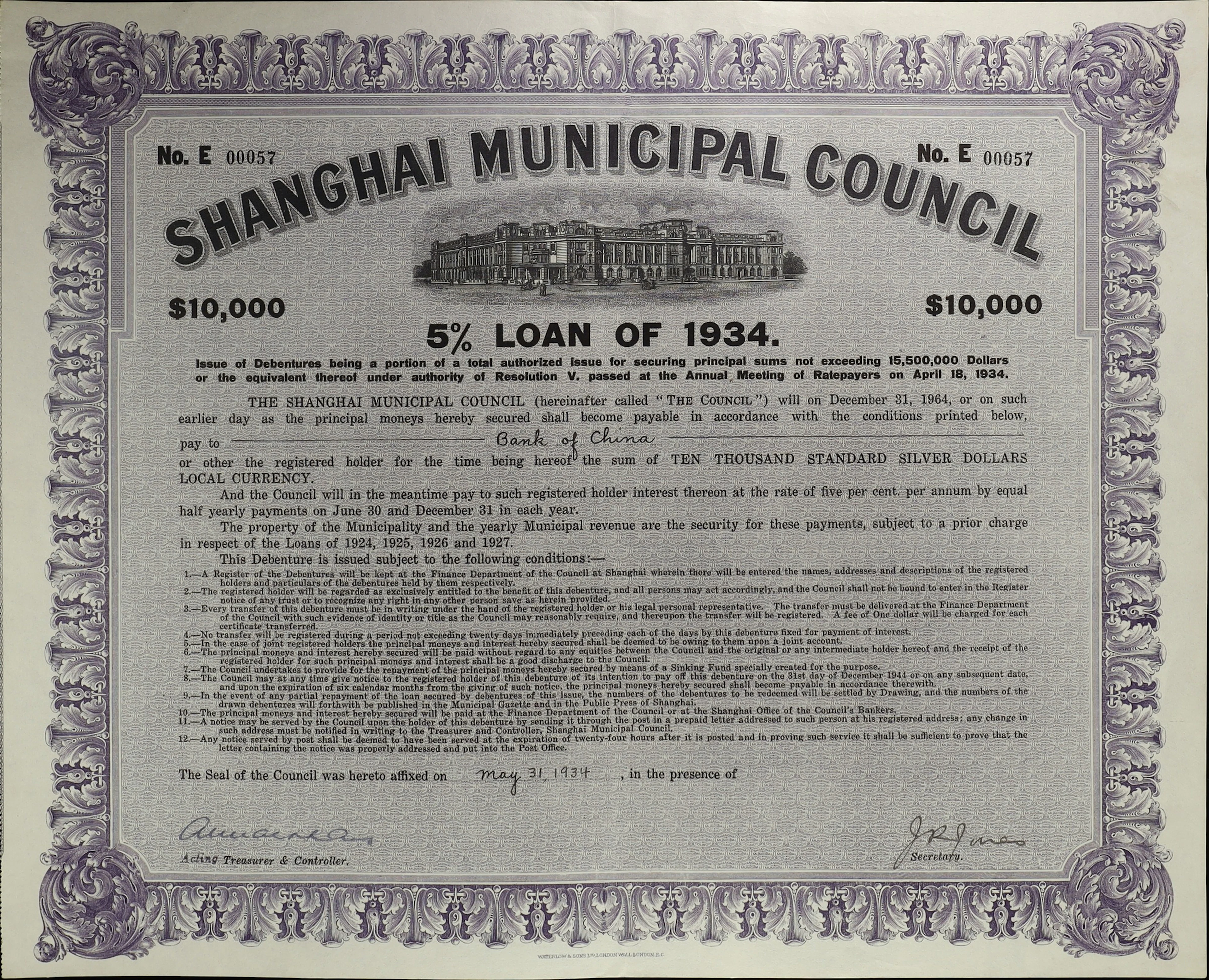 CHINA--REPUBLIC. 1934 5% Shanghai Municipal Council Loan, Bond for