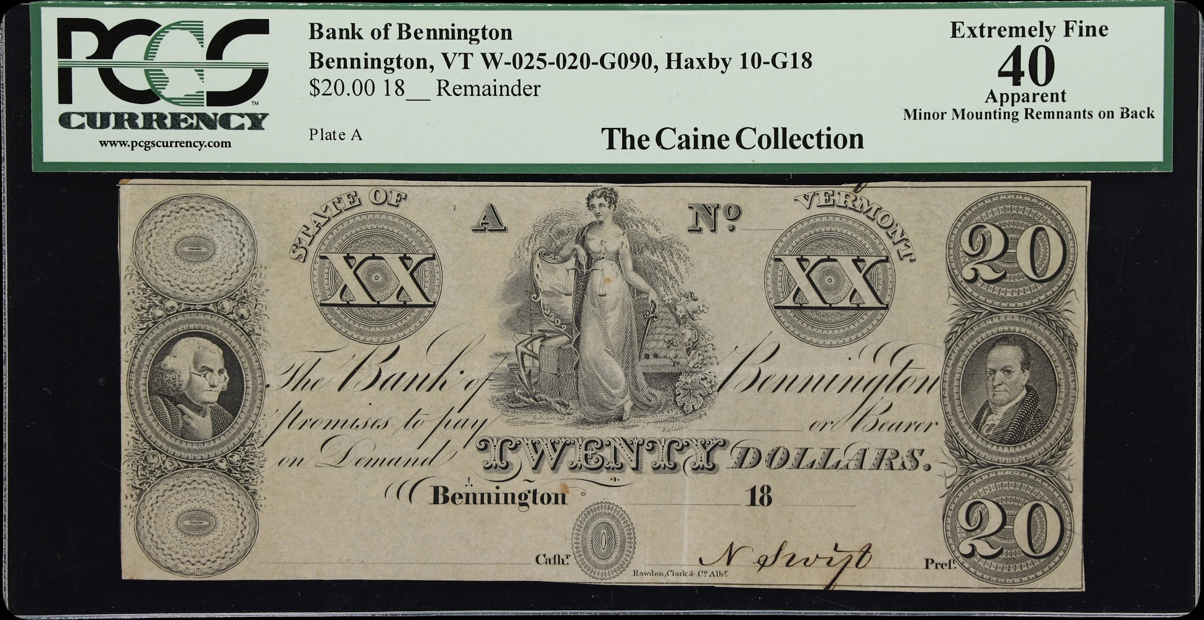 Bennington, Vermont. Bank of Bennington. 18xx $20. PCGS Currency Extremely