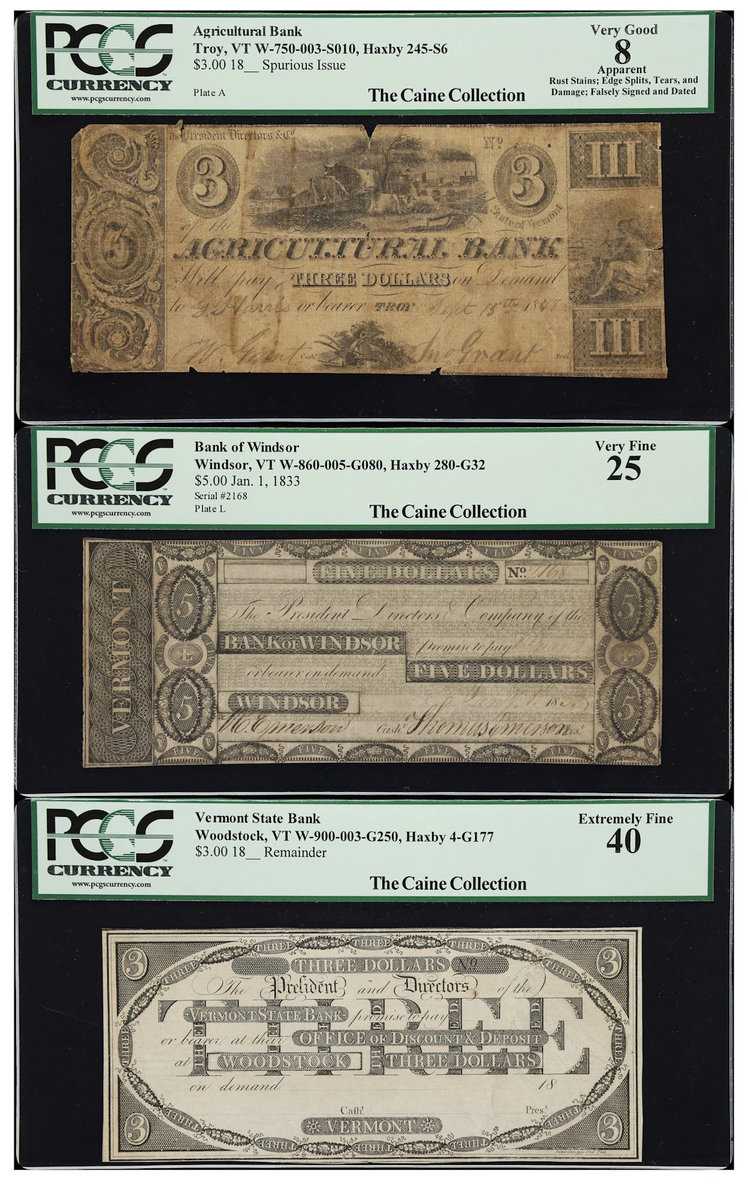 Lot of (3) Troy, Windsor & Woodstock, Vermont. Mixed Issuers. 18xx-33