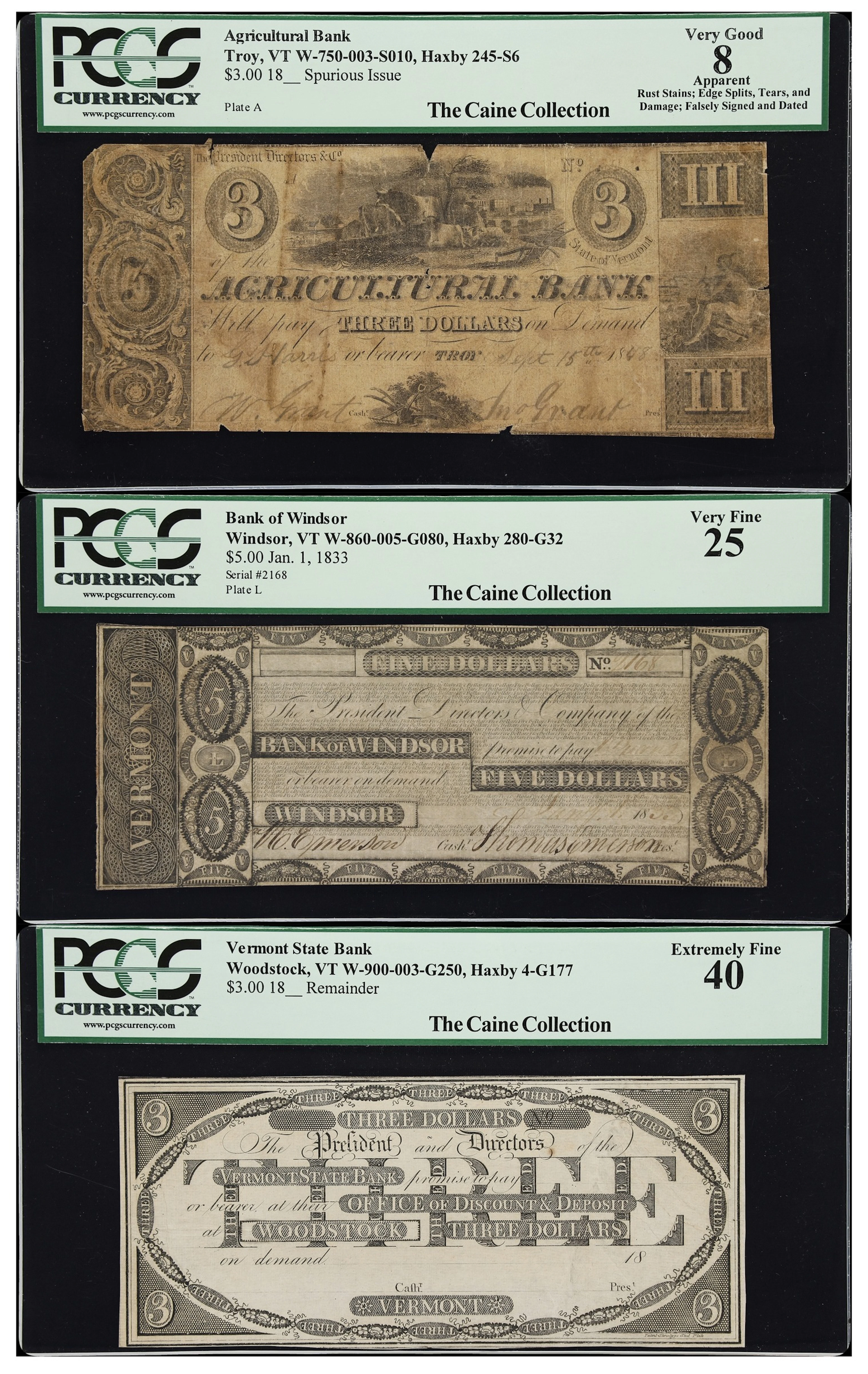 Lot of (3) Troy, Windsor & Woodstock, Vermont. Mixed Issuers. 18xx-33