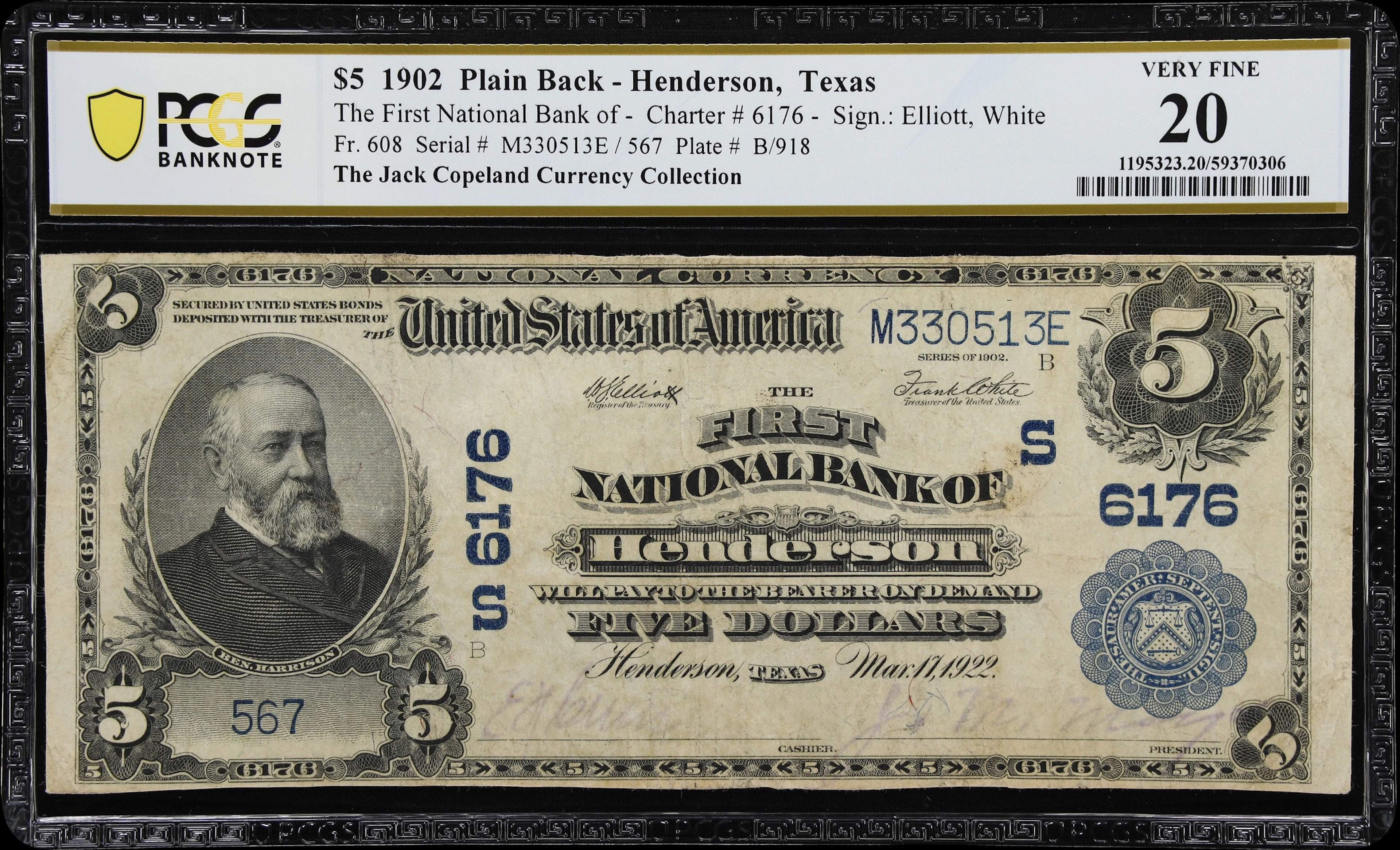 Henderson, Texas. $5 1902 Plain Back. Fr. 608. First NB. Charter #6176.