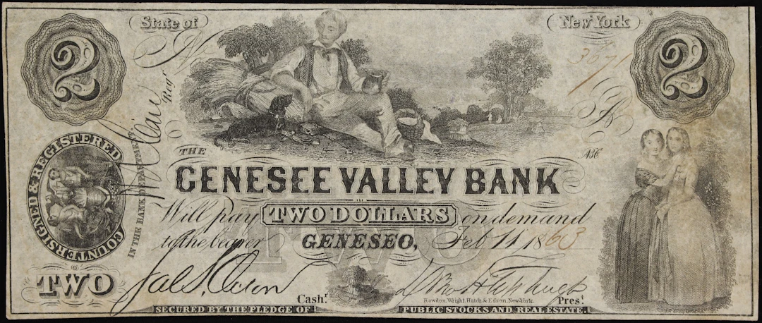 Geneseo, New York. Genesee Valley Bank. 1863 $2. Very Fine. Spurious.