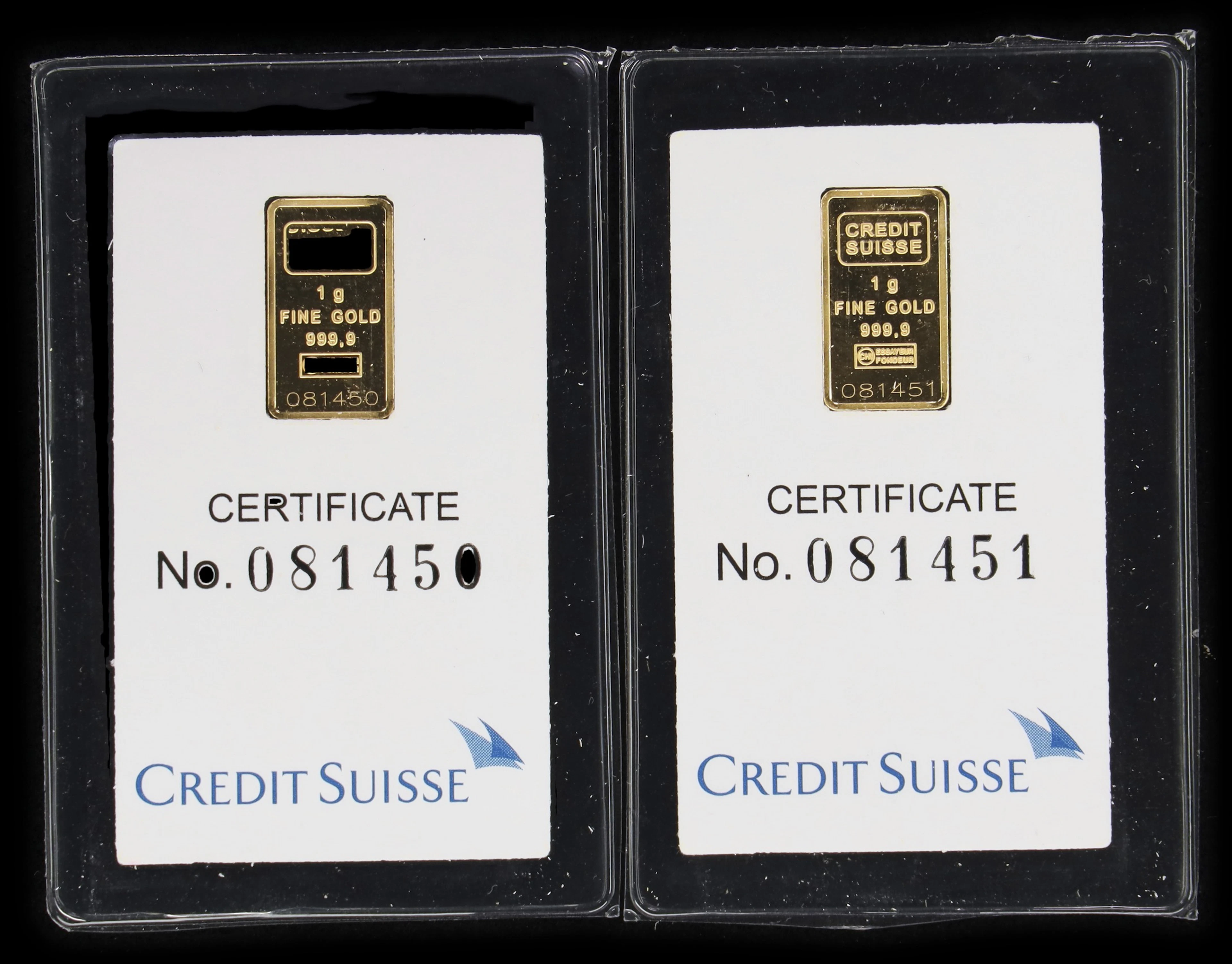 (0.064 oz, 2 g AGW). Lot of (2) Credit Suisse 1 gram Gold Bars.