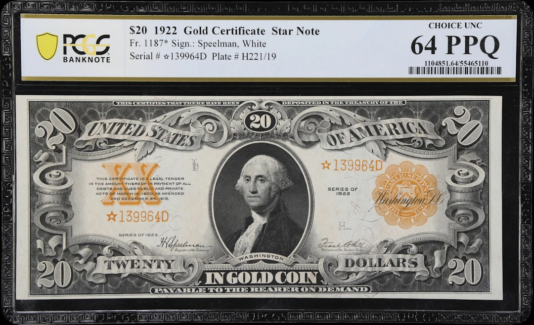 Fr. 1187*. 1922 $20 Gold Certificate Star Note. PCGS Banknote Choice