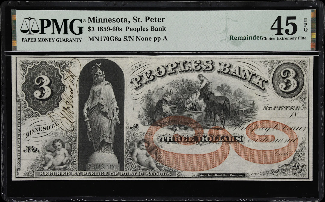 St. Peter, Minnesota. Peoples Bank. 18xx $3. PMG Choice Extremely