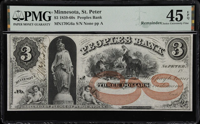 St. Peter, Minnesota. Peoples Bank. 18xx $3. PMG Choice Extremely