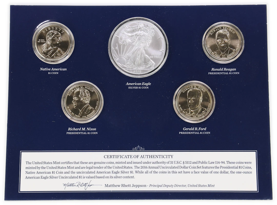 (1 oz, 31.104 g ASW). 2016 U.S. Mint Annual Uncirculated Dollar Five-Coin Set.
