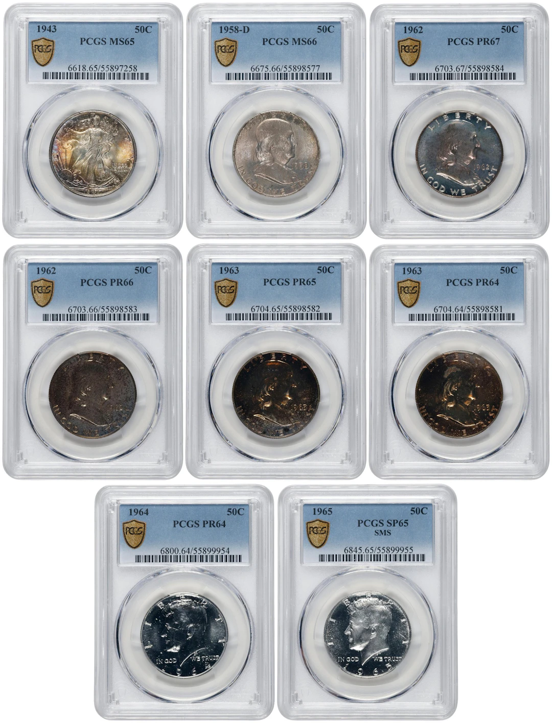 Lot of (8) Mixed Type Half Dollars. (PCGS).
