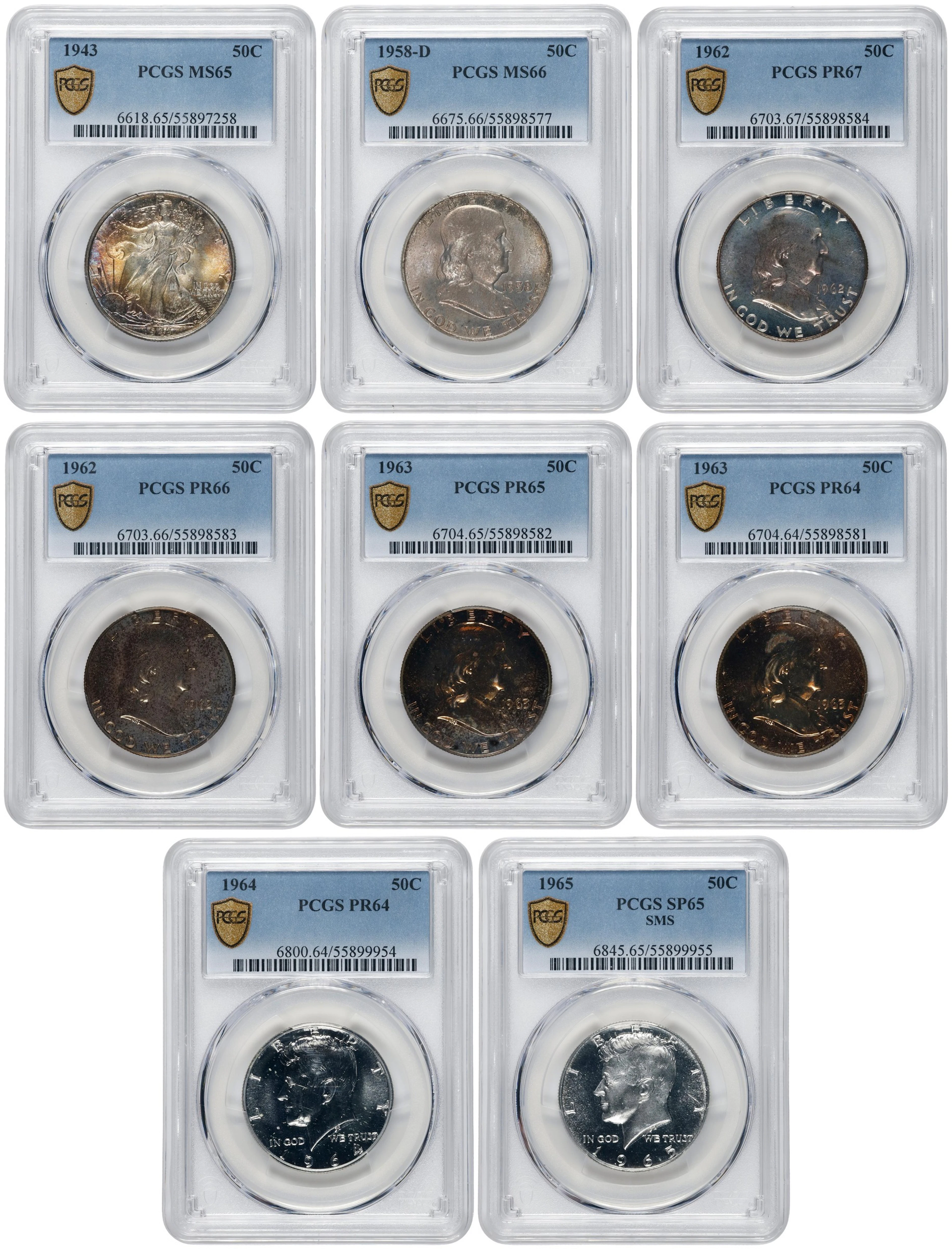 Lot of (8) Mixed Type Half Dollars. (PCGS).