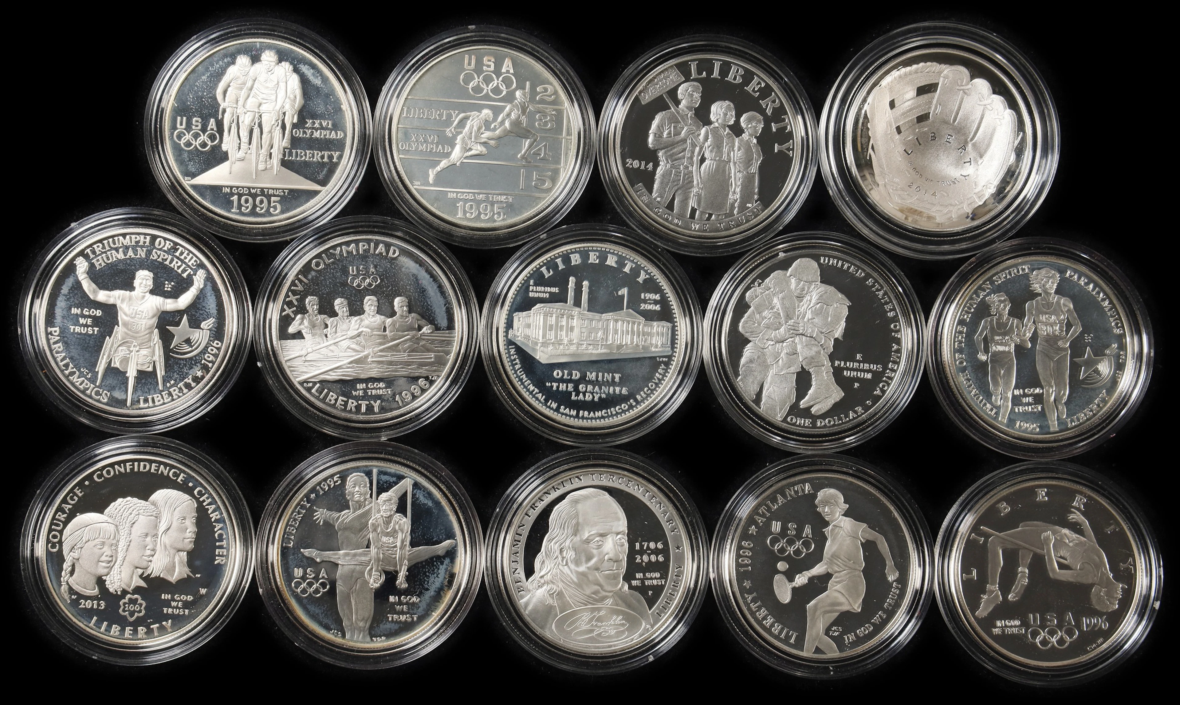 (10.828 oz, 336.782 g ASW). Lot of (14) Mixed Date U.S. Commemorative
