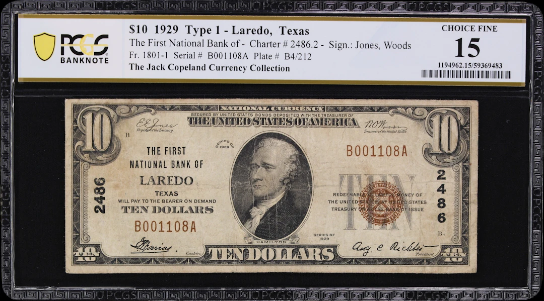 Laredo, Texas. $10 1929 Ty. 1. Fr. 1801-1. First NB. Charter #2486.