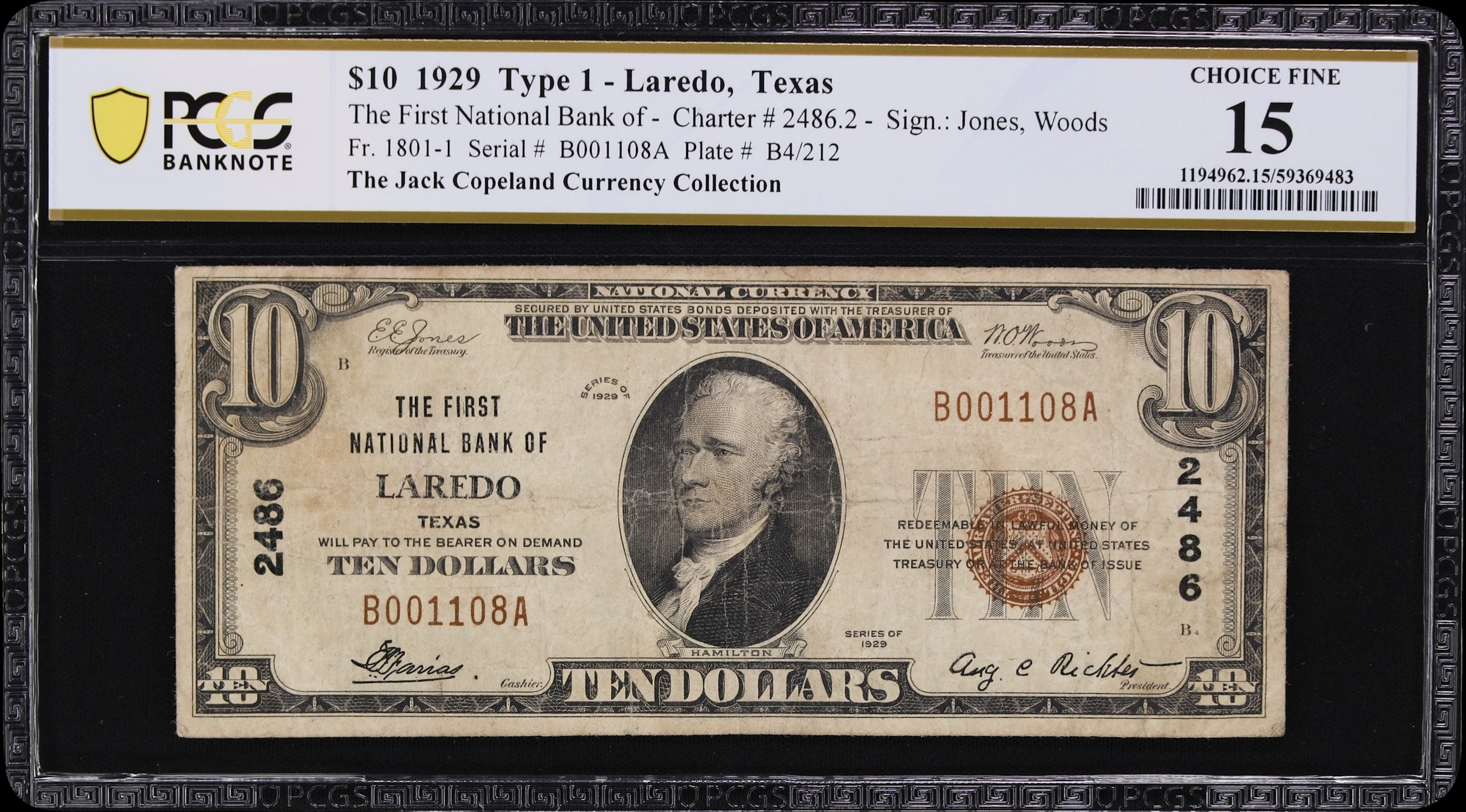 Laredo, Texas. $10 1929 Ty. 1. Fr. 1801-1. First NB. Charter #2486.