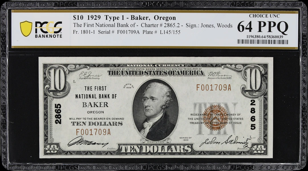 Baker, Oregon. $10 1929 Ty. 1. Fr. 1801-1. First NB. Charter #2865.