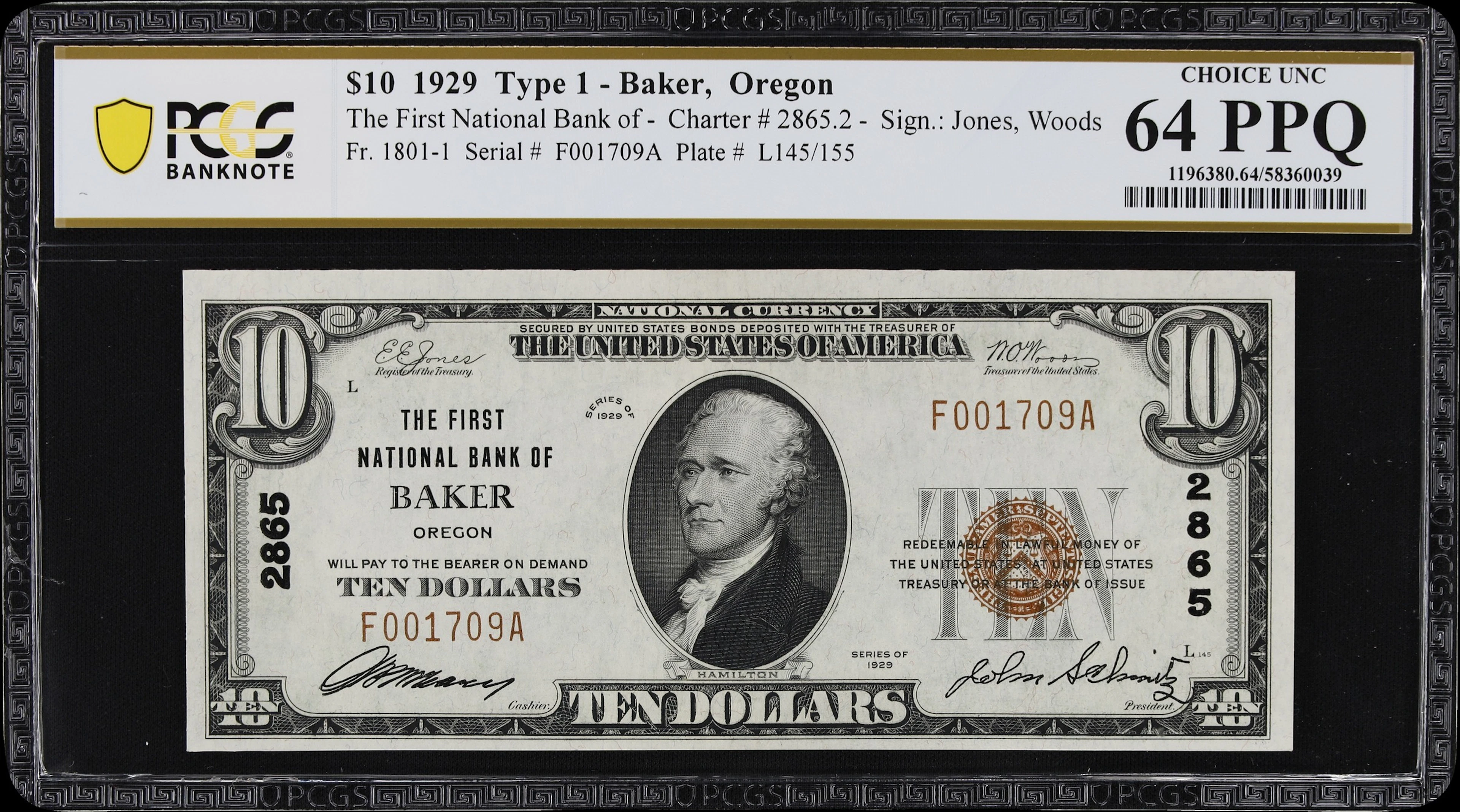 Baker, Oregon. $10 1929 Ty. 1. Fr. 1801-1. First NB. Charter #2865.
