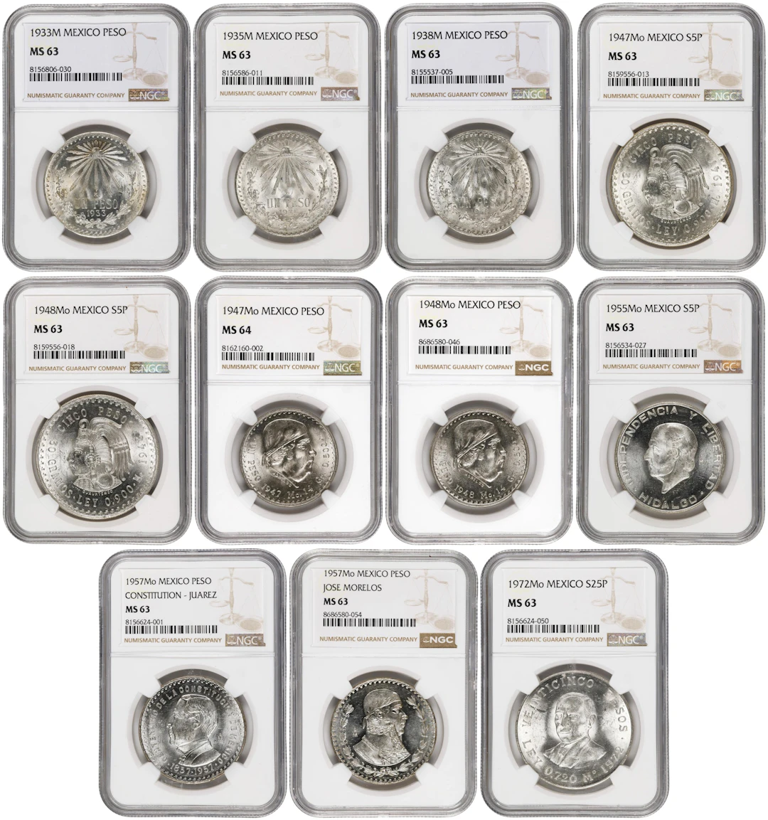 MEXICO. Group of Silver Denominations (11 Pieces), 1933-72. Mexico