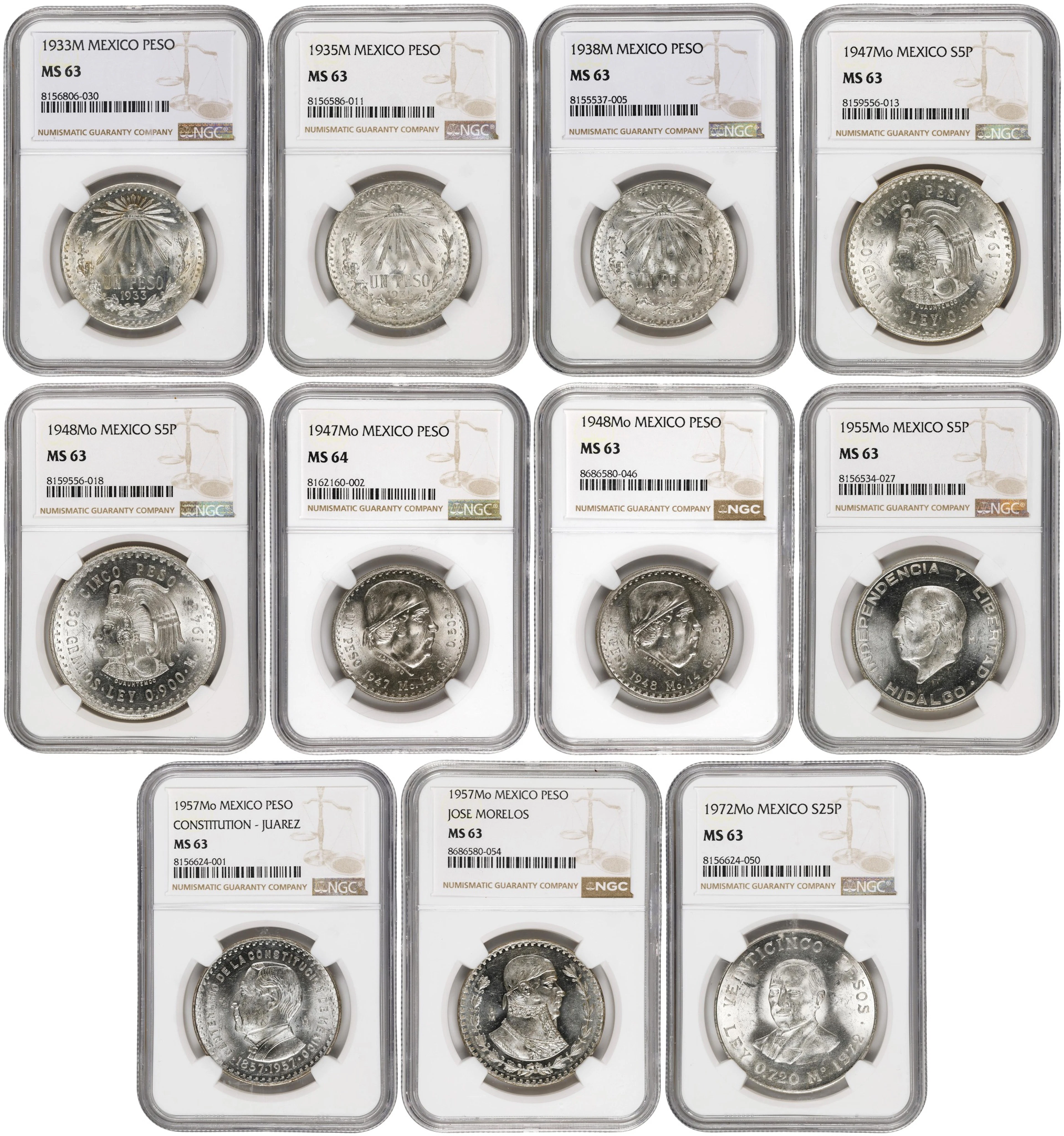 MEXICO. Group of Silver Denominations (11 Pieces), 1933-72. Mexico