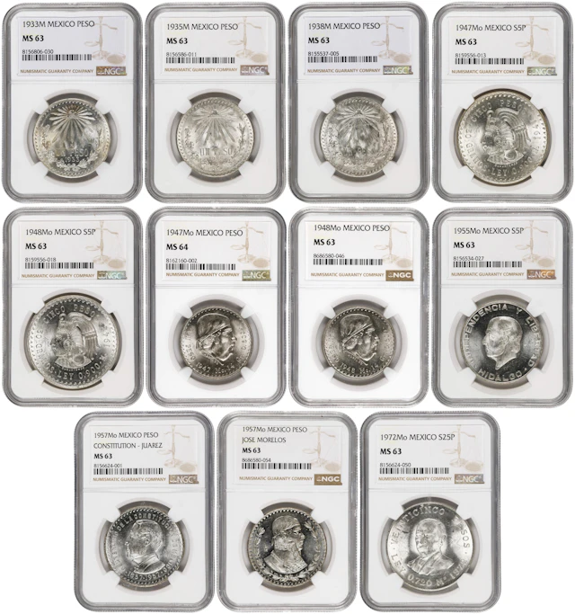 MEXICO. Group of Silver Denominations (11 Pieces), 1933-72. Mexico