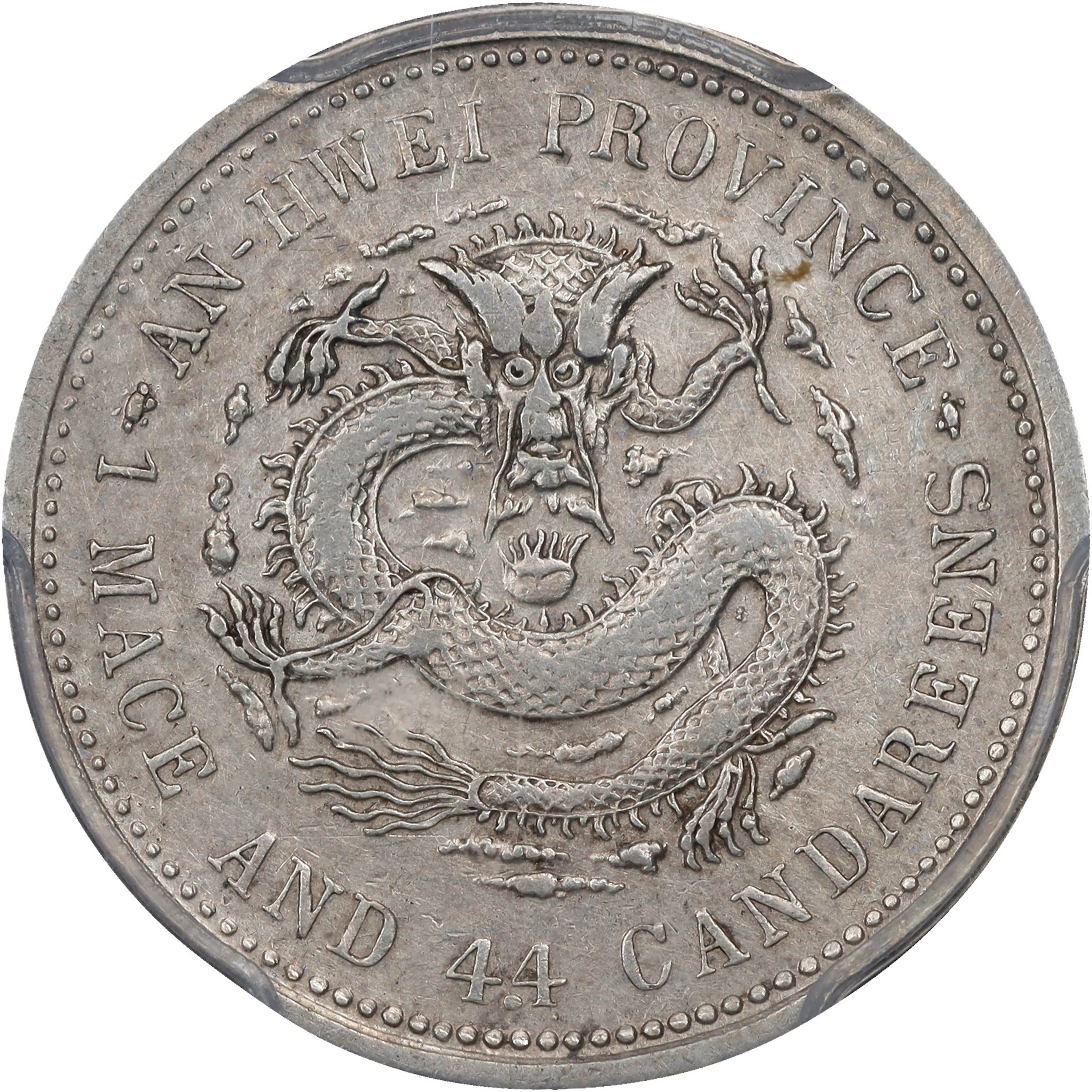 (t) CHINA. Anhwei. 1 Mace 4.4 Candareens (20 Cents), Year 24 (1898).