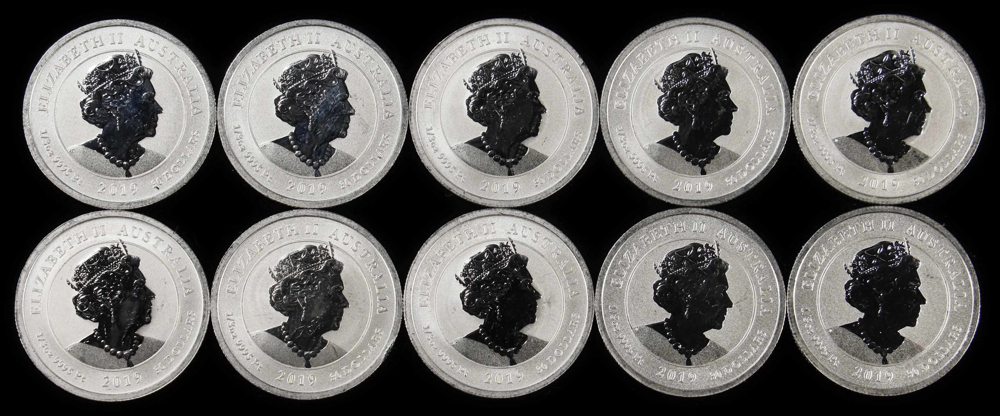 (3.333 oz, 103.68 g APtW). Australia. Lot of (10) 2019 Humpback Whale