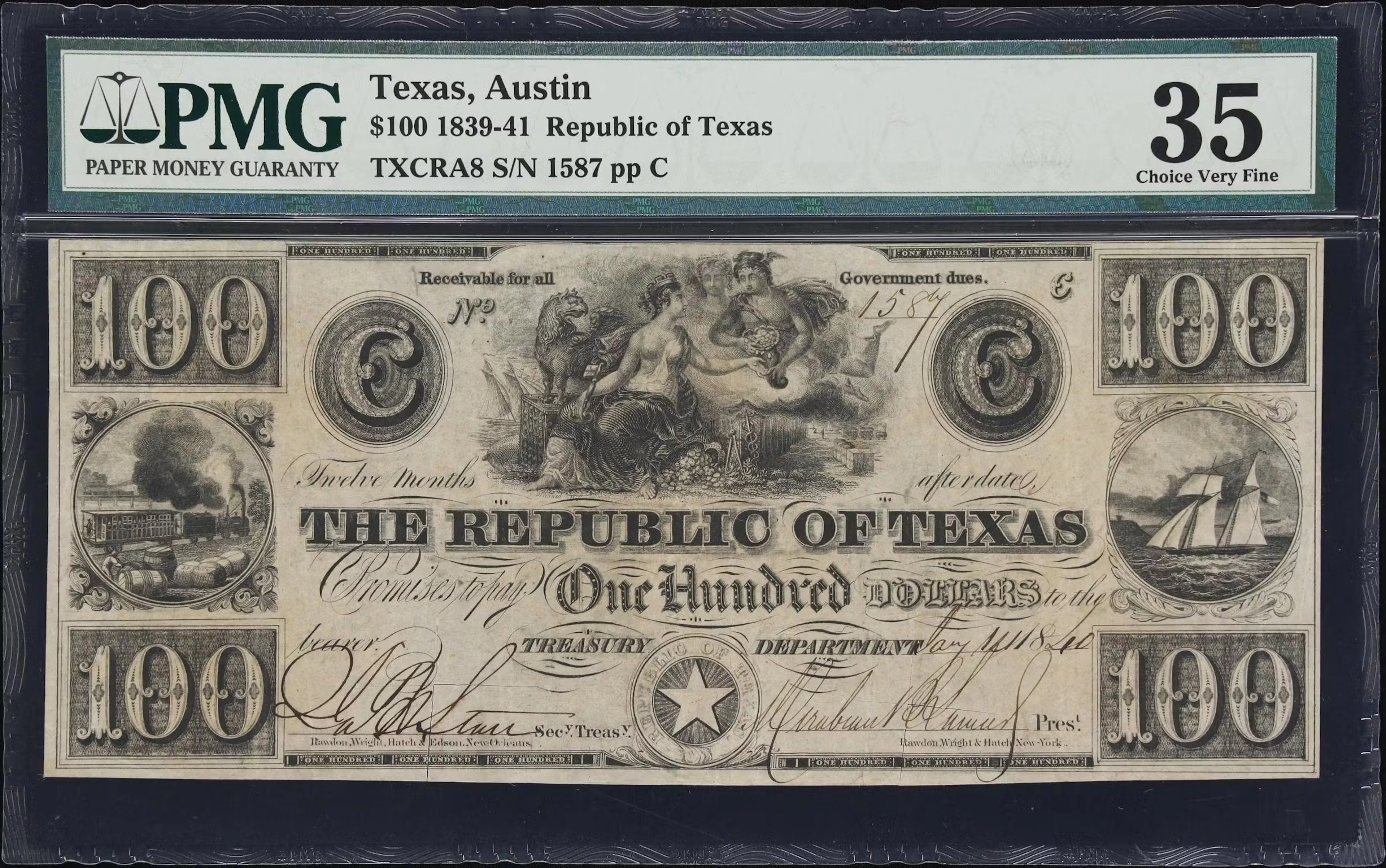 Austin, Texas. Republic of Texas. 1840 $100. PMG Choice Very Fine 35.