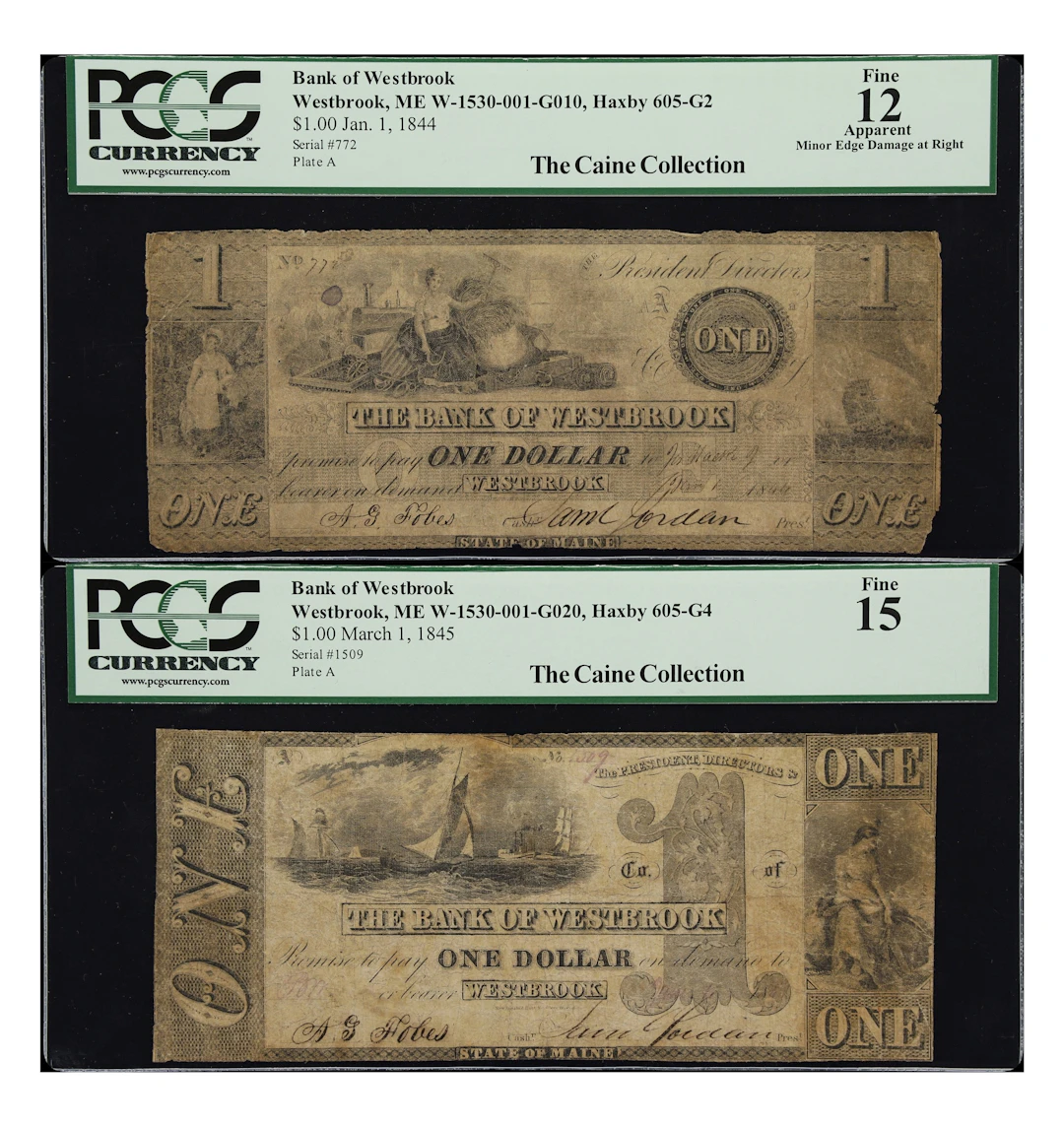 Lot of (2) Westbrook, Maine. Bank of Westbrook. 1844-45 $1. PCGS Currency