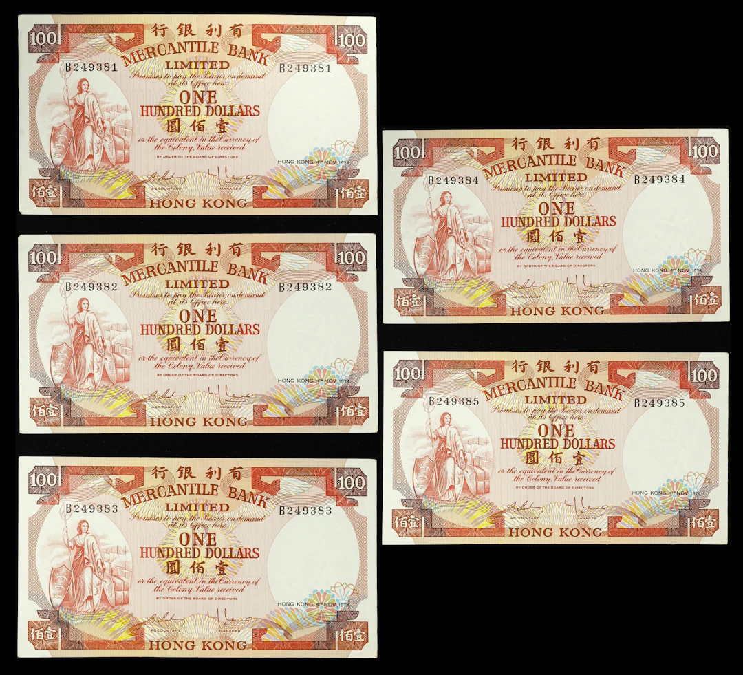 HONG KONG (SAR). Lot of (5). Mercantile Bank Limited. 100 Dollars