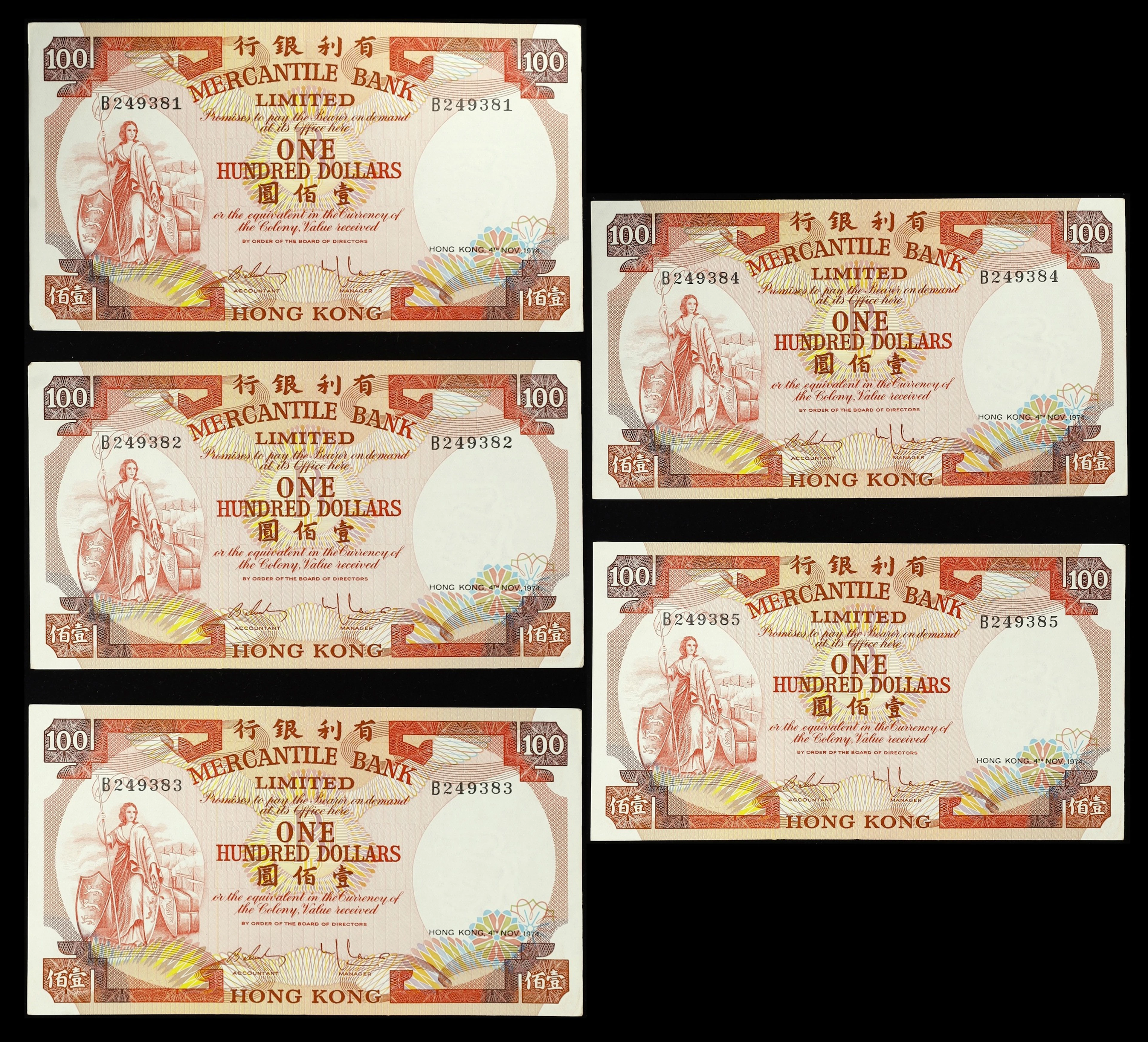 HONG KONG (SAR). Lot of (5). Mercantile Bank Limited. 100 Dollars