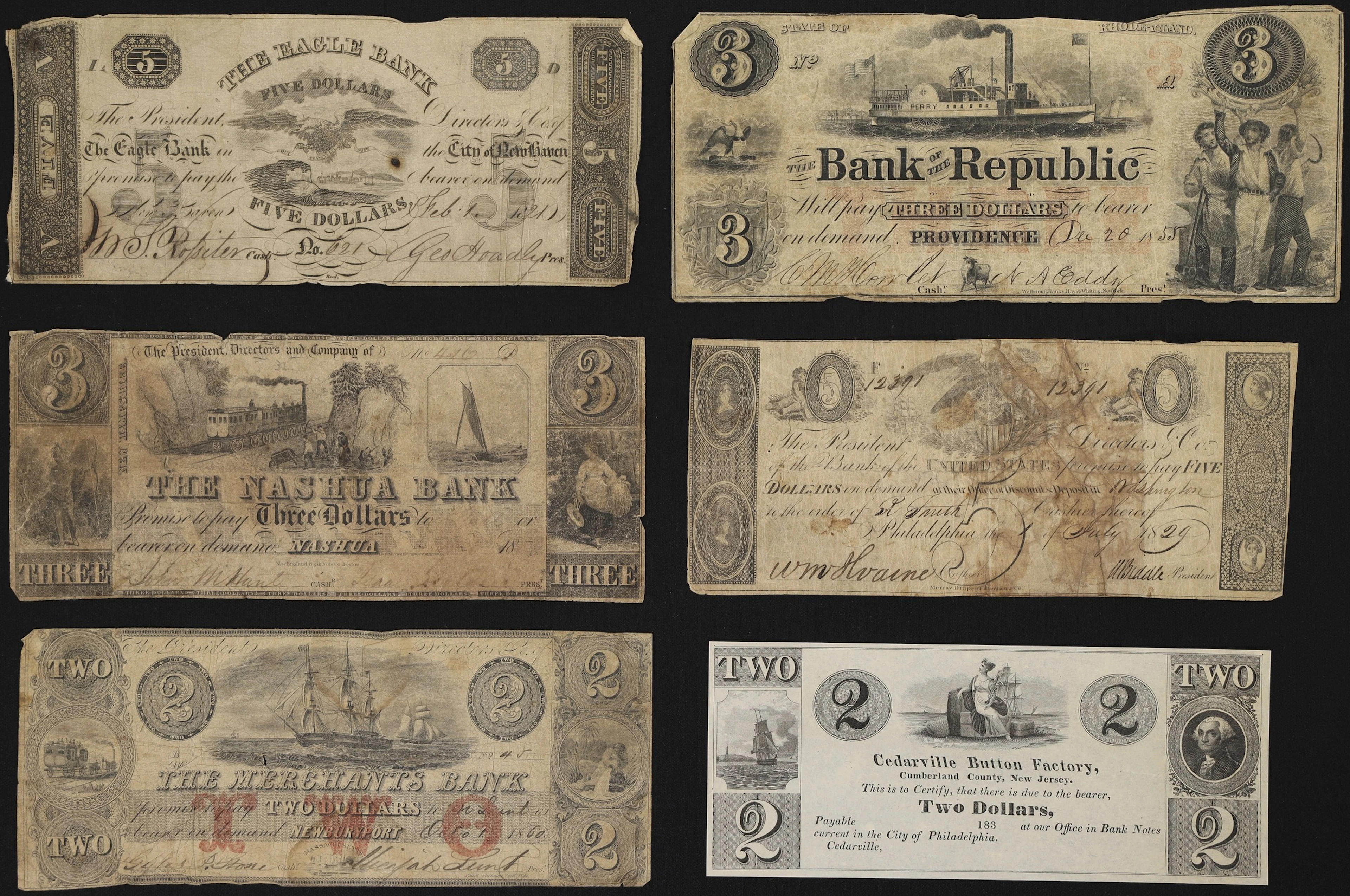 Lot of (6) Mixed States, Mixed Issuers. 1821 - 60 Mixed Denominations.