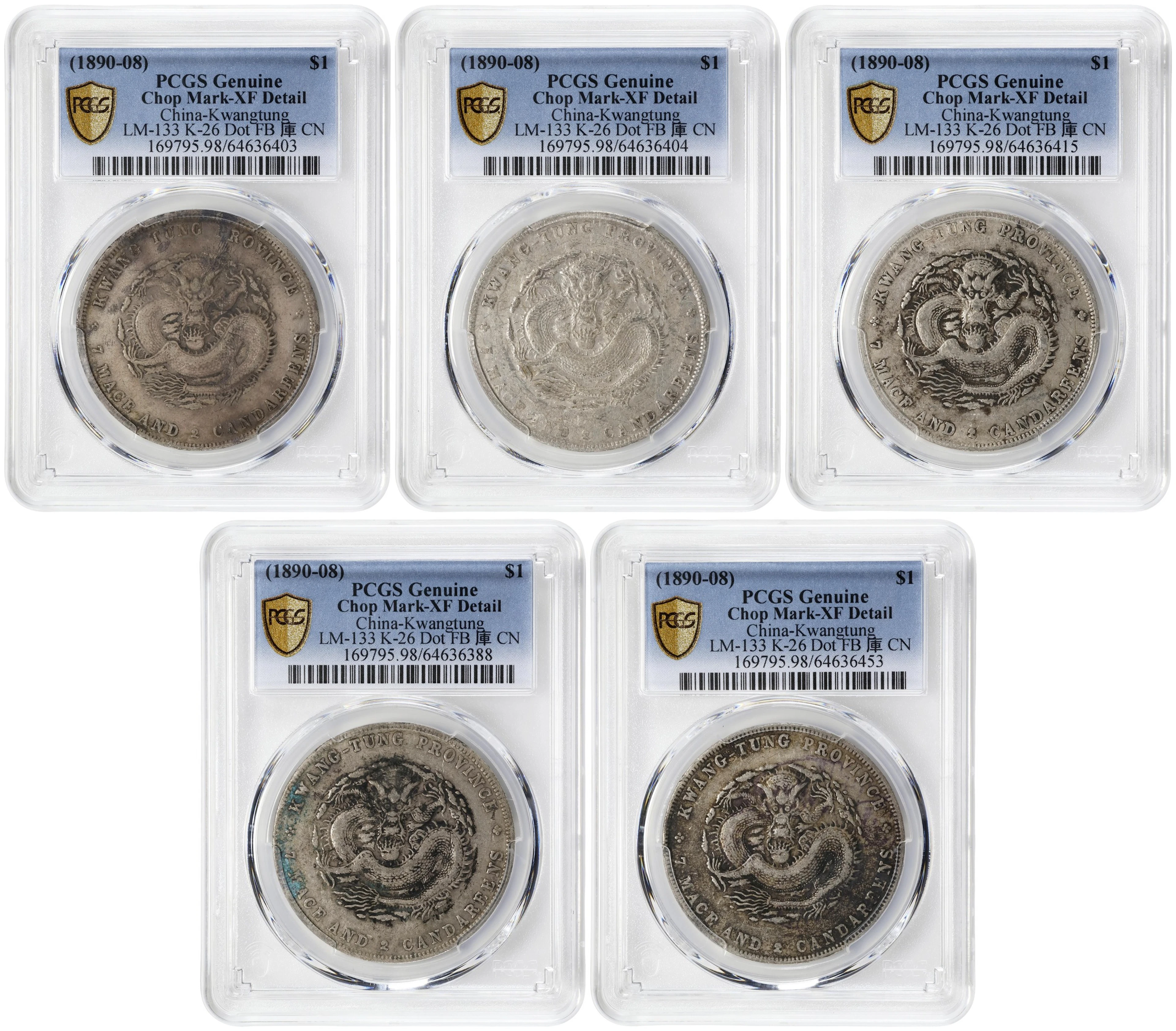 (t) CHINA. Kwangtung. Quintet of 7 Mace 2 Candareens (Dollar) (5 Pieces)