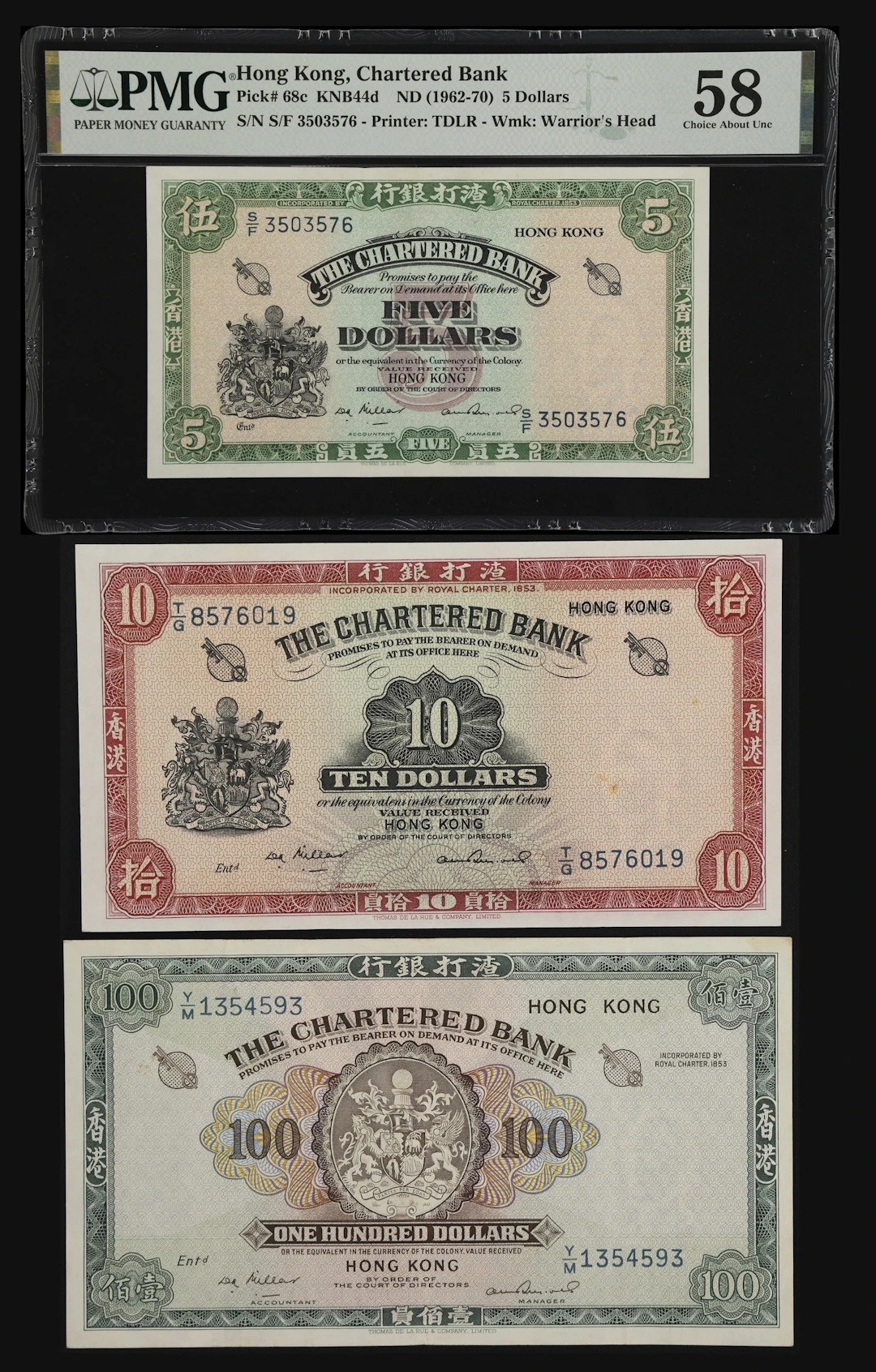 HONG KONG (SAR). Lot of (3). Chartered Bank. 5, 10, & 100 Dollars