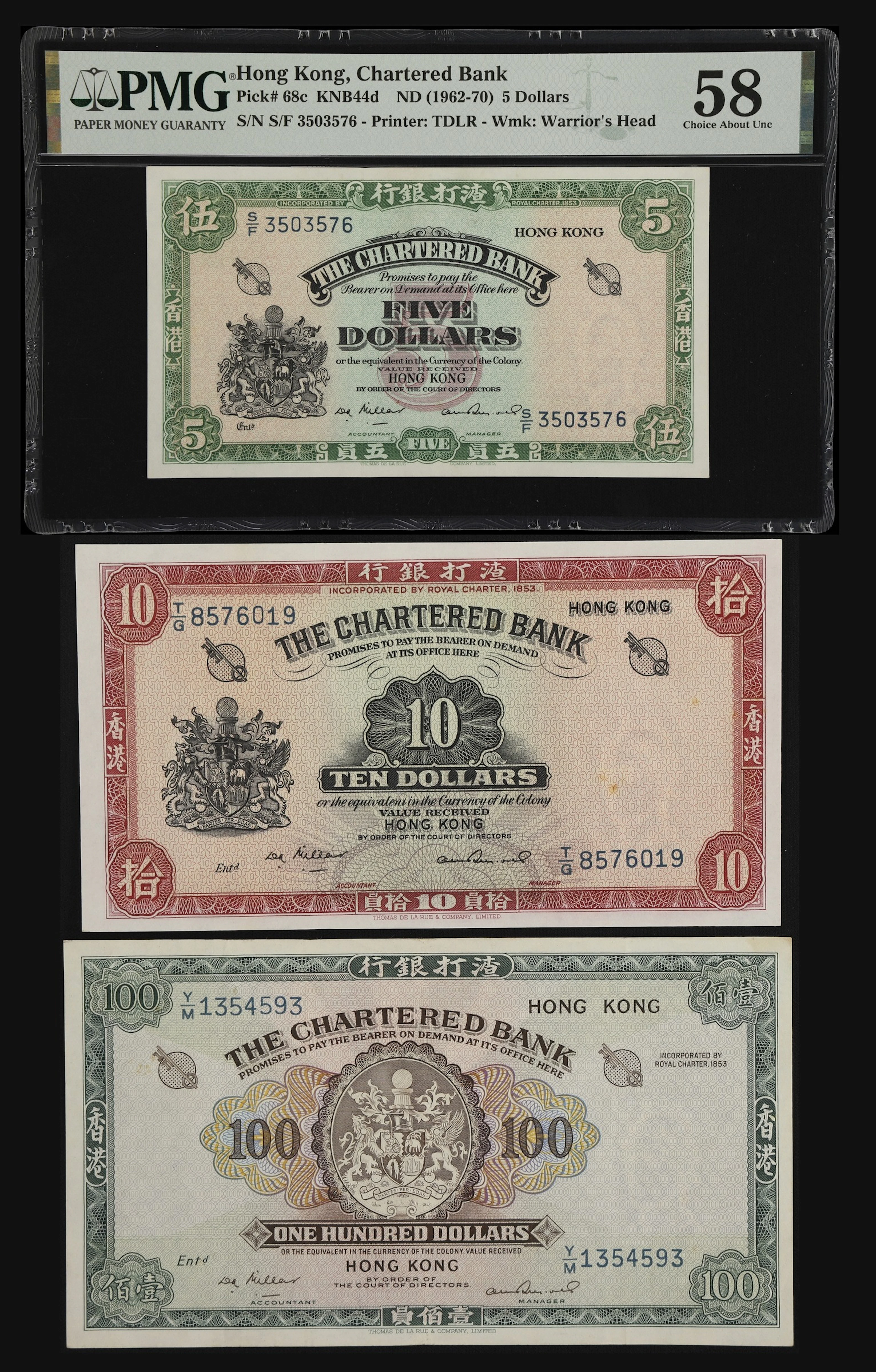 HONG KONG (SAR). Lot of (3). Chartered Bank. 5, 10, & 100 Dollars