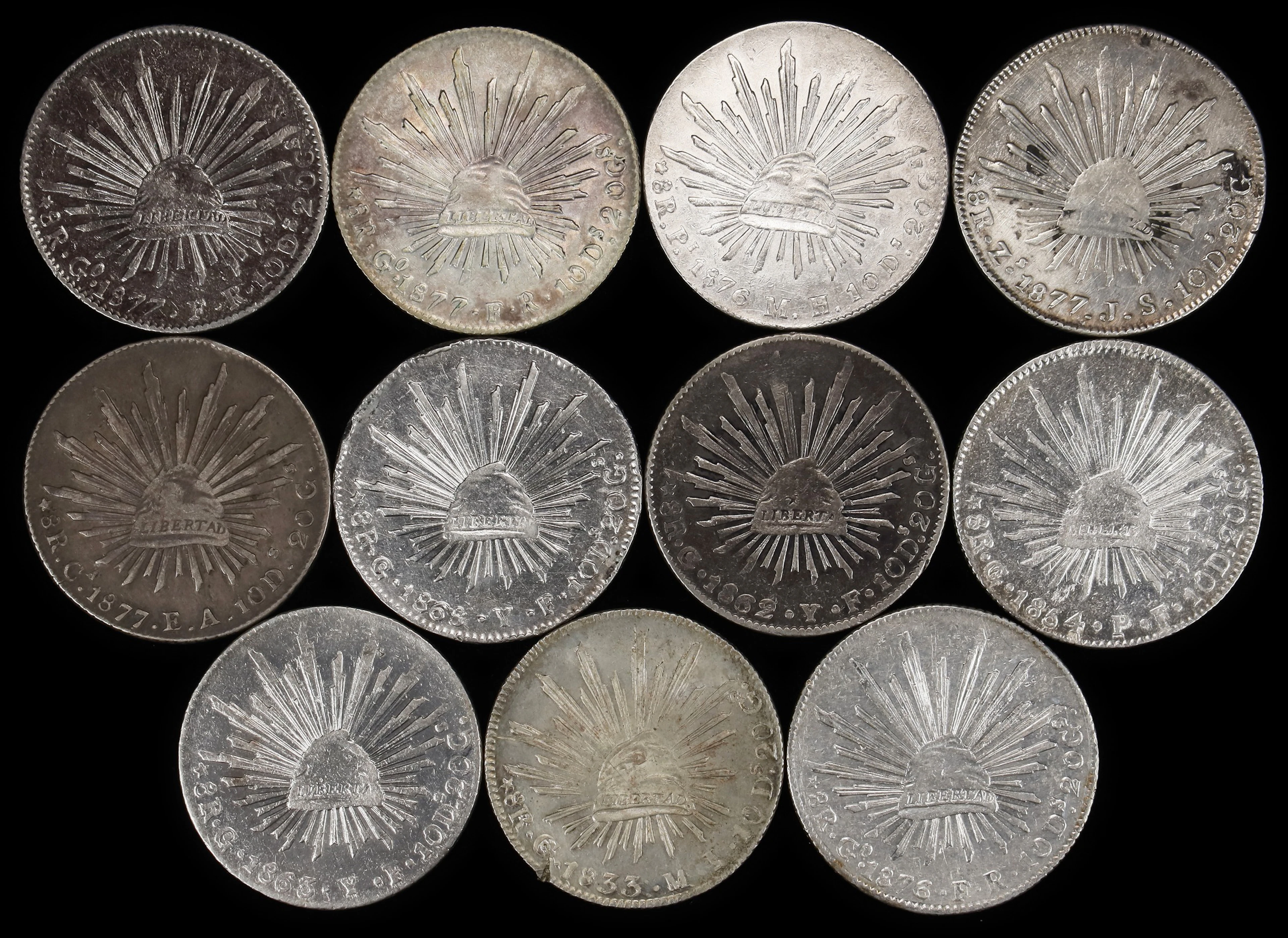 MEXICO. Group of 8 Reales (11 Pieces), 1833-77. Average Grade: EXTREMELY