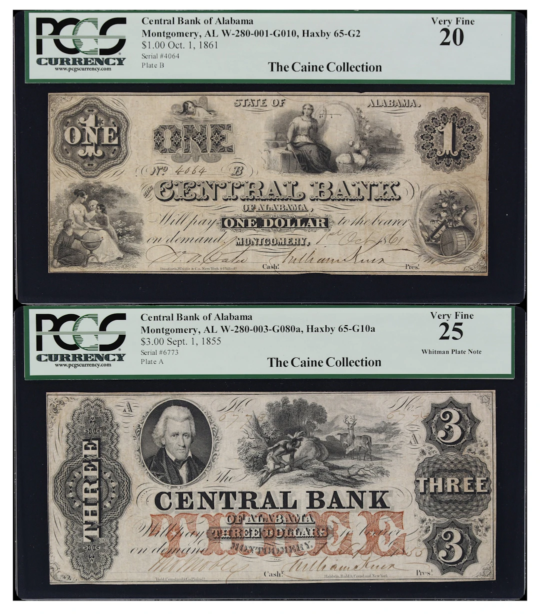 Lot of (2) Montgomery, Alabama. Central Bank of Alabama. 1855-61 $1