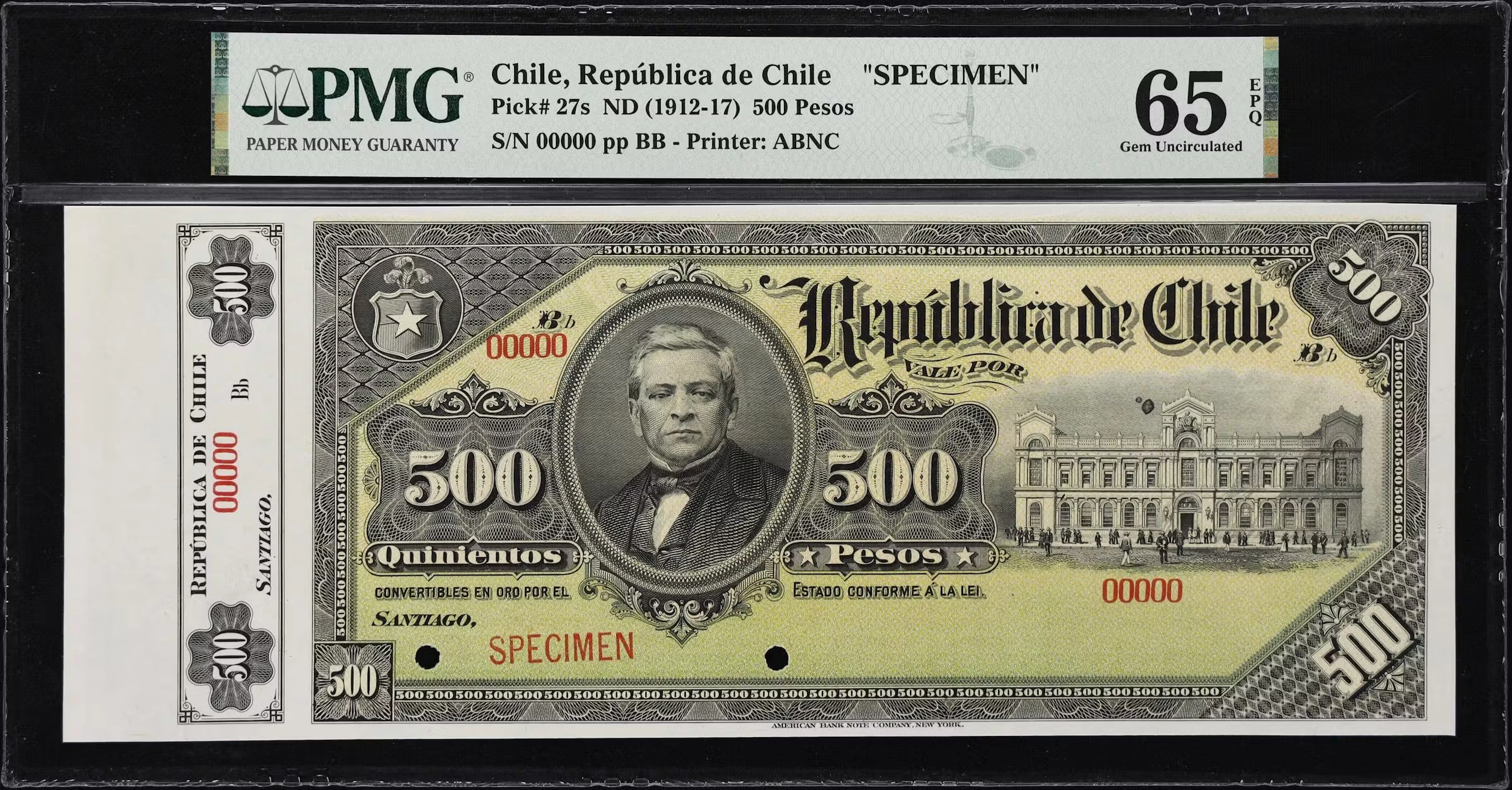 CHILE. Direccion del Tesoro. 500 Pesos, ND (1912-17). P-27s. Specimen.