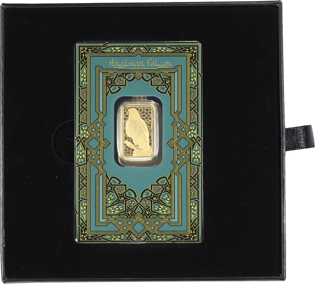 (0.161 oz, 5 g AGW). PAMP Arabian Falcon 5 gram Gold Bar.