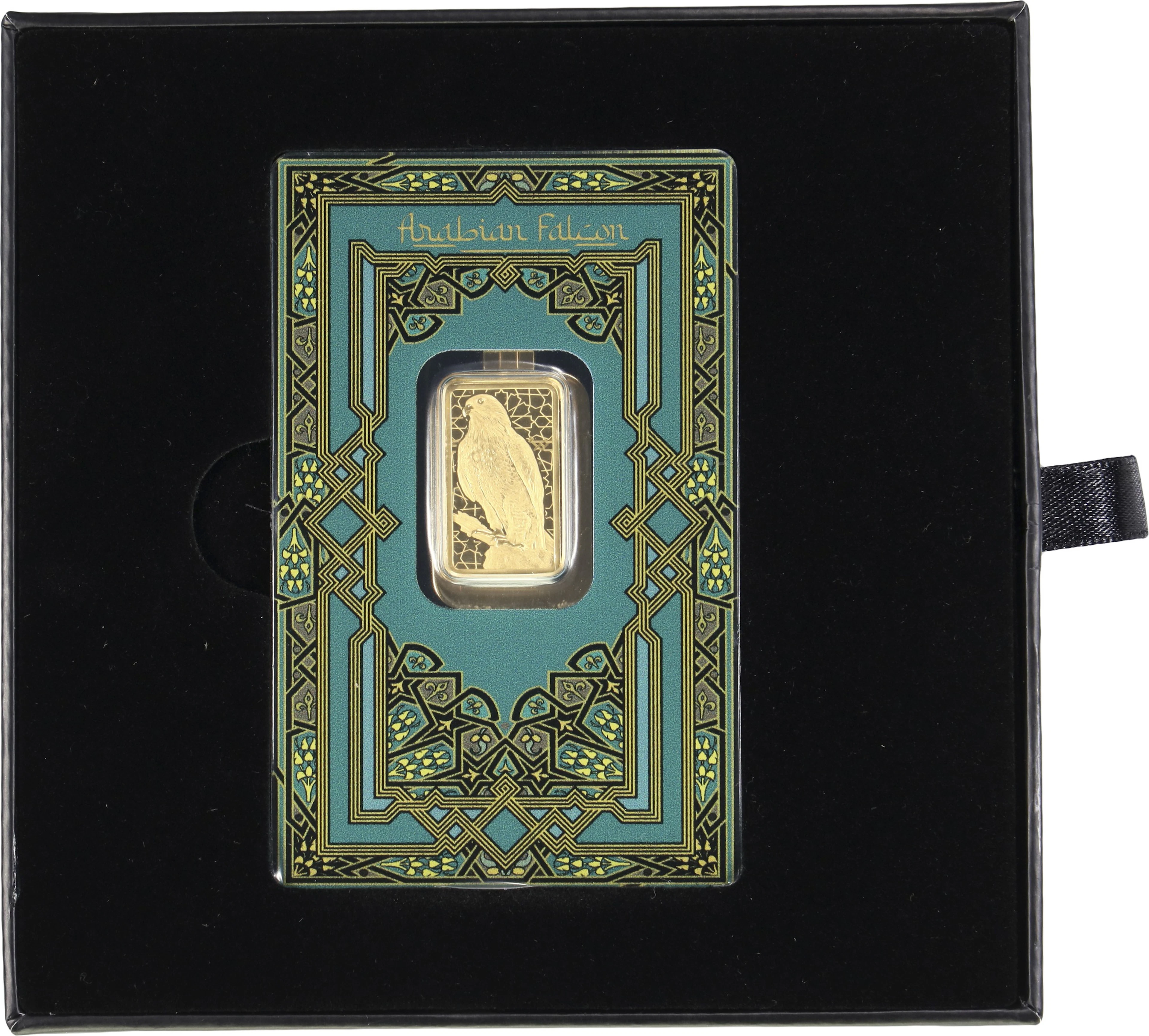 (0.161 oz, 5 g AGW). PAMP Arabian Falcon 5 gram Gold Bar.
