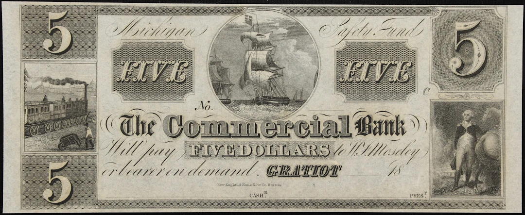 Gratiot, Michigan. Commercial Bank. 18xx $5. Choice Uncirculated. Remainder.