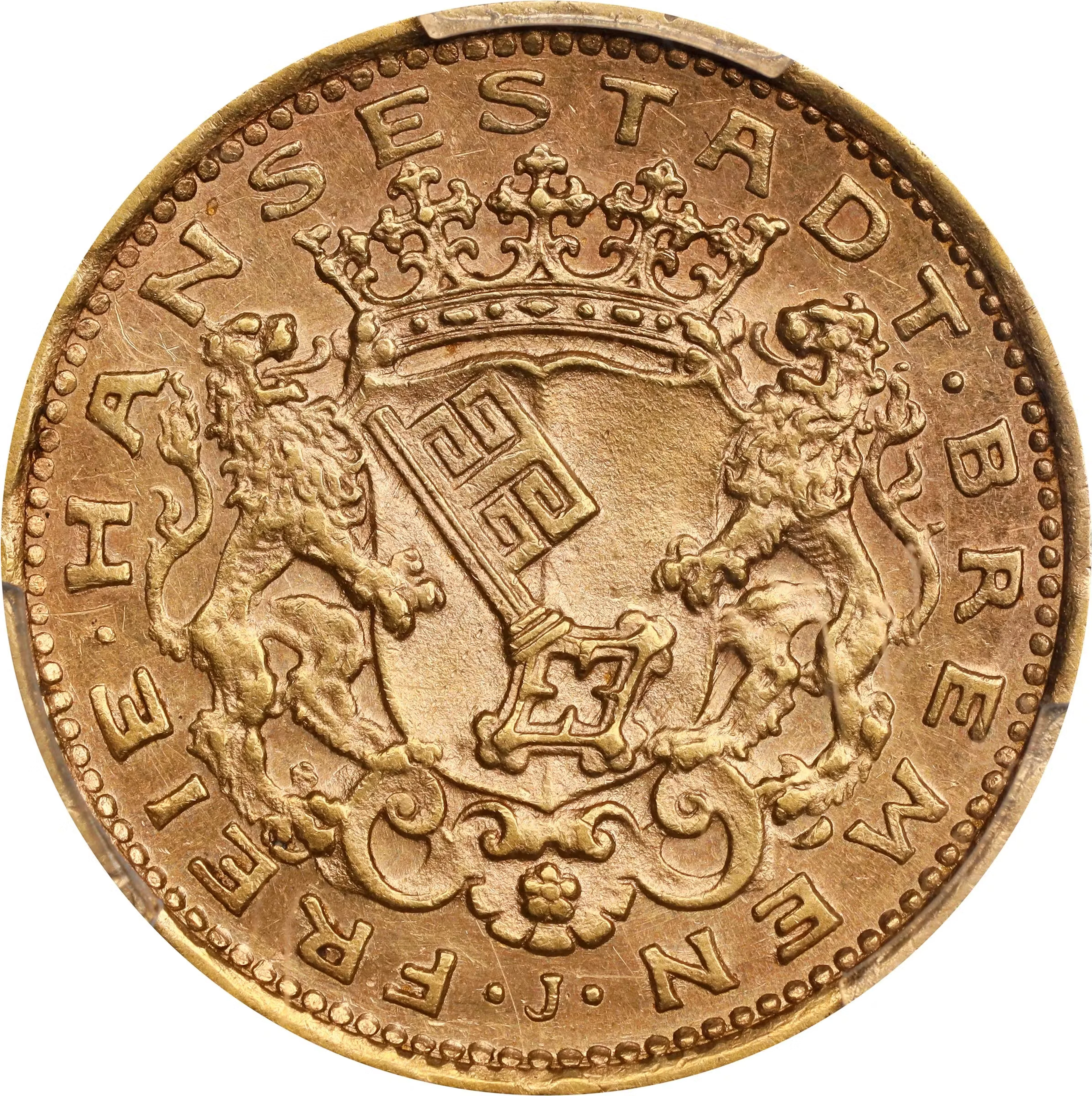 GERMANY. Bremen. 10 Mark, 1907-J. Hamburg Mint. Free City. PCGS MS-62.