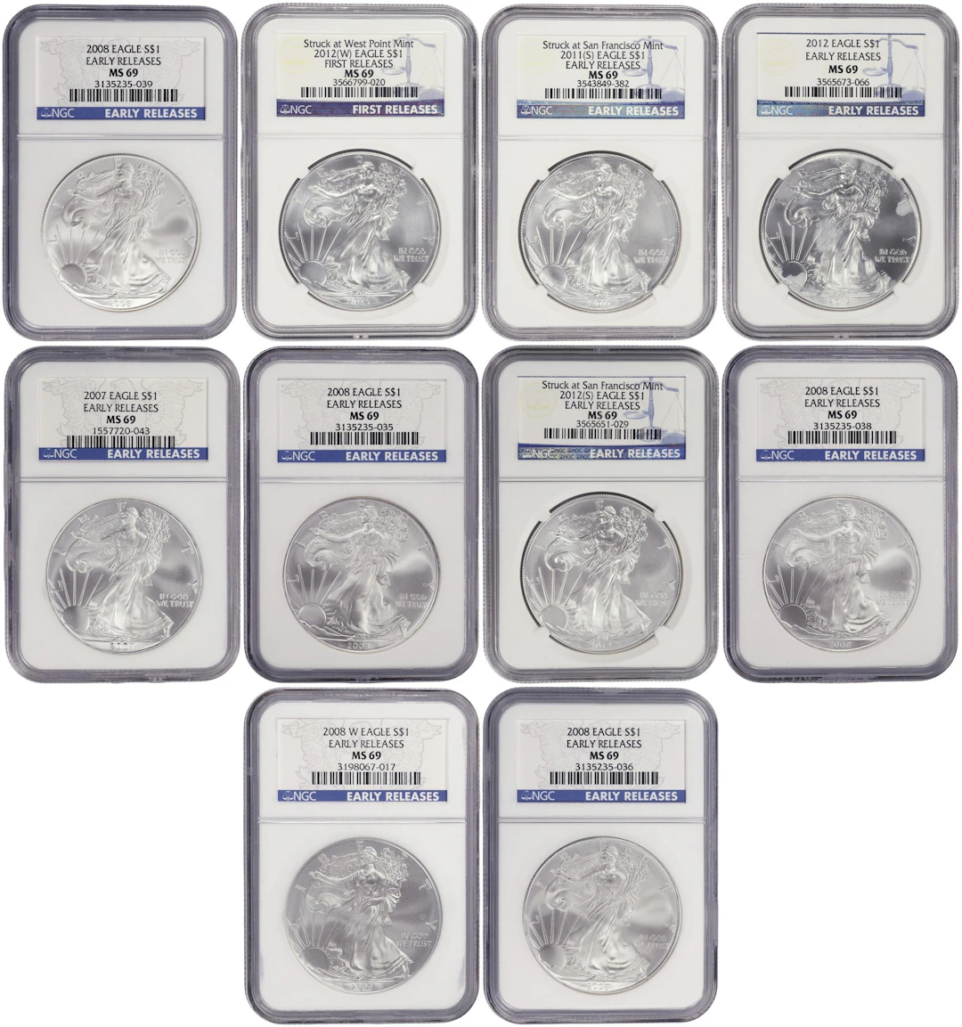 (10 oz, 311.04 g ASW). Lot of (10) Mixed Date American Silver Eagles.