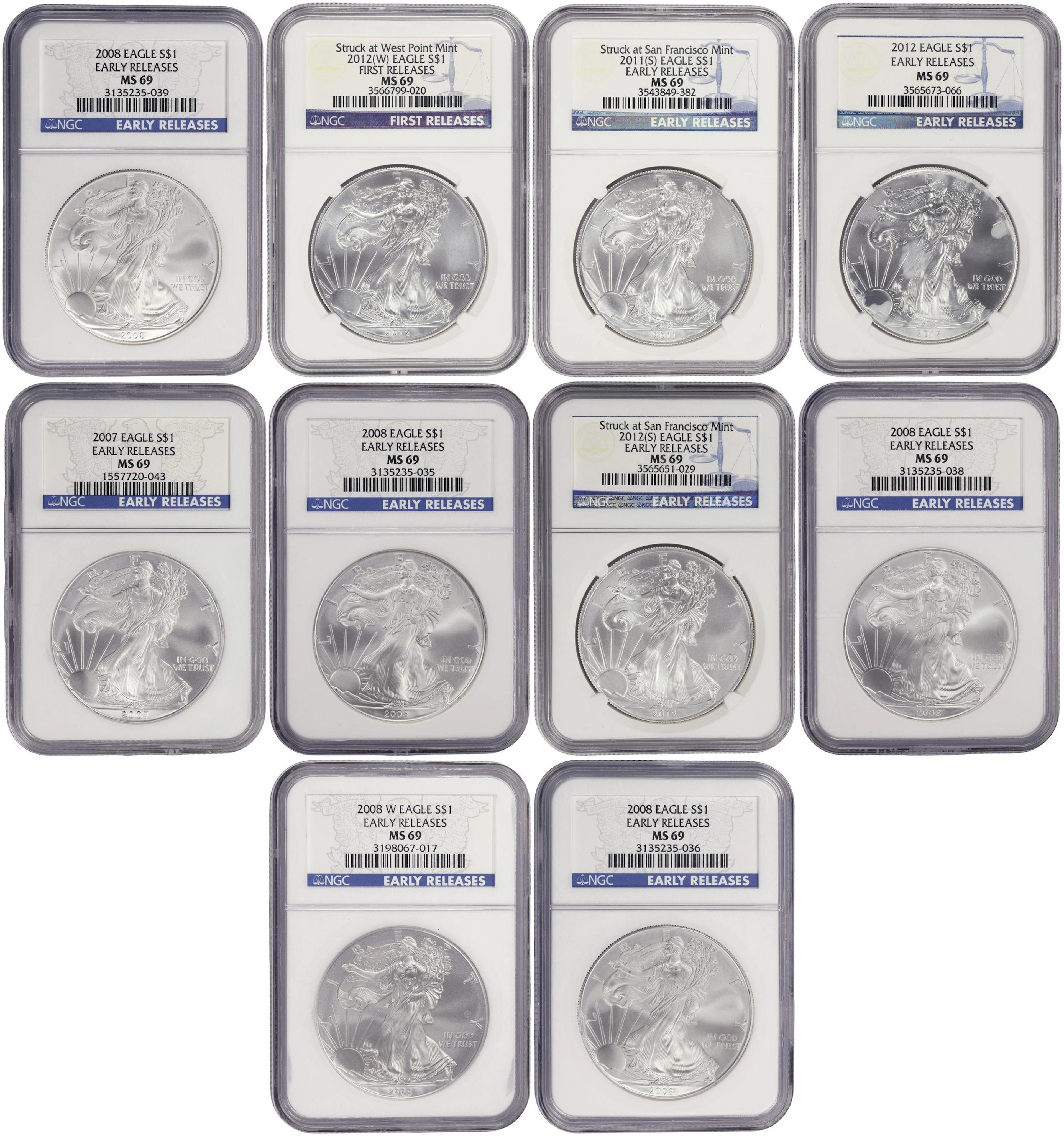 (10 oz, 311.04 g ASW). Lot of (10) Mixed Date American Silver Eagles.