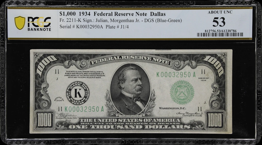 Fr. 2211-K. 1934 Dark Green Seal $1000 Federal Reserve Note. Dallas.