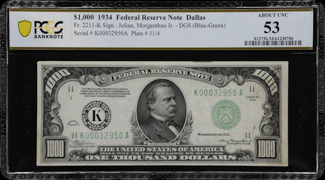 Fr. 2211-K. 1934 Dark Green Seal $1000 Federal Reserve Note. Dallas.