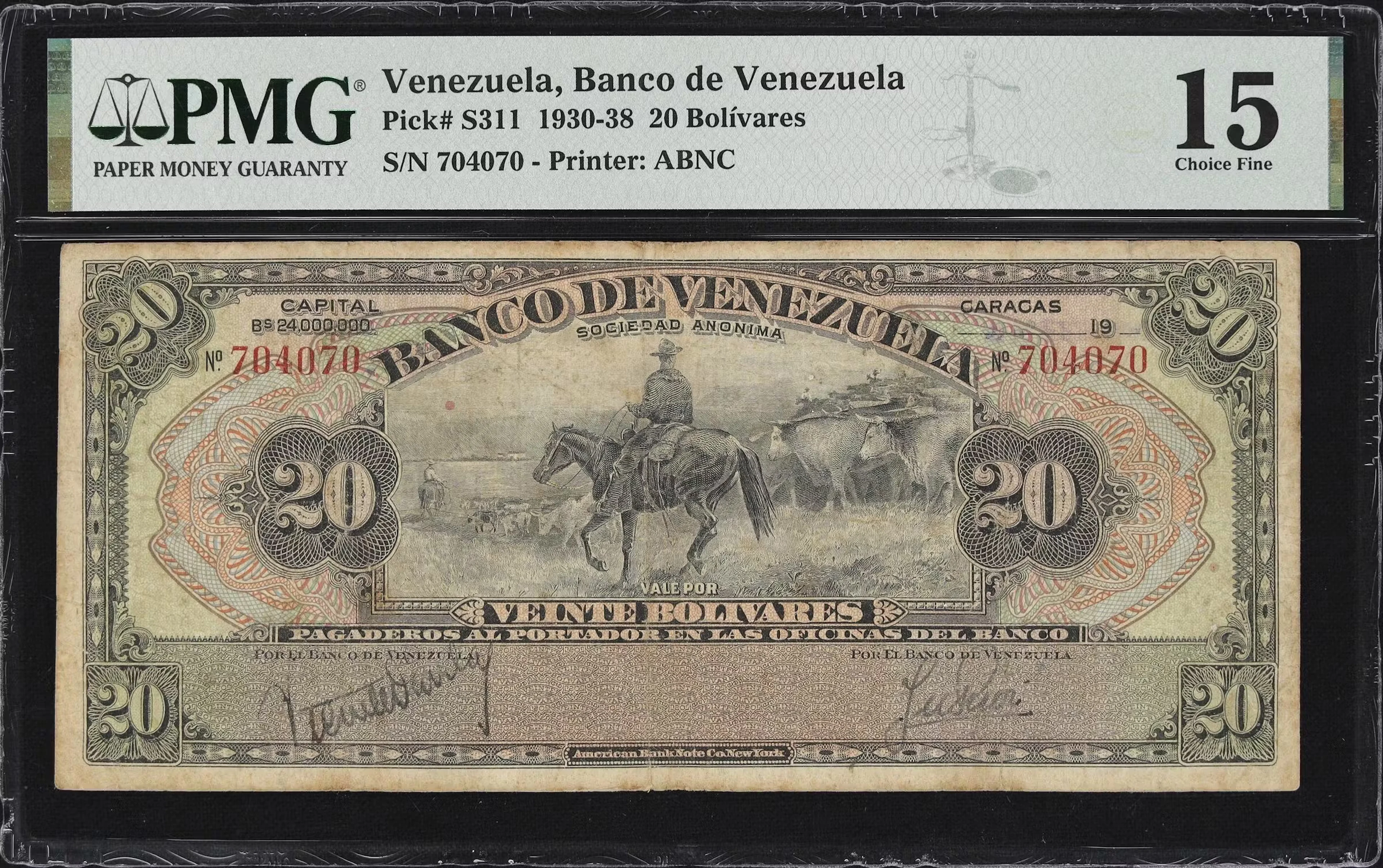VENEZUELA. Banco de Venezuela. 20 Bolivares, 1930-38. P-S311. PMG