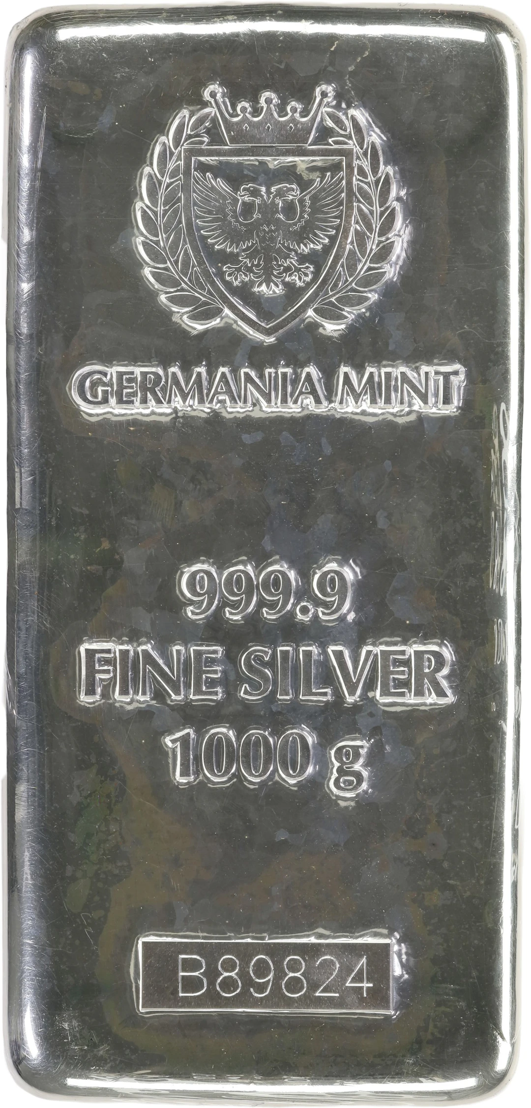 (32.151 oz, 1000 g ASW). Germania Mint 1 Kilo Silver Bar.