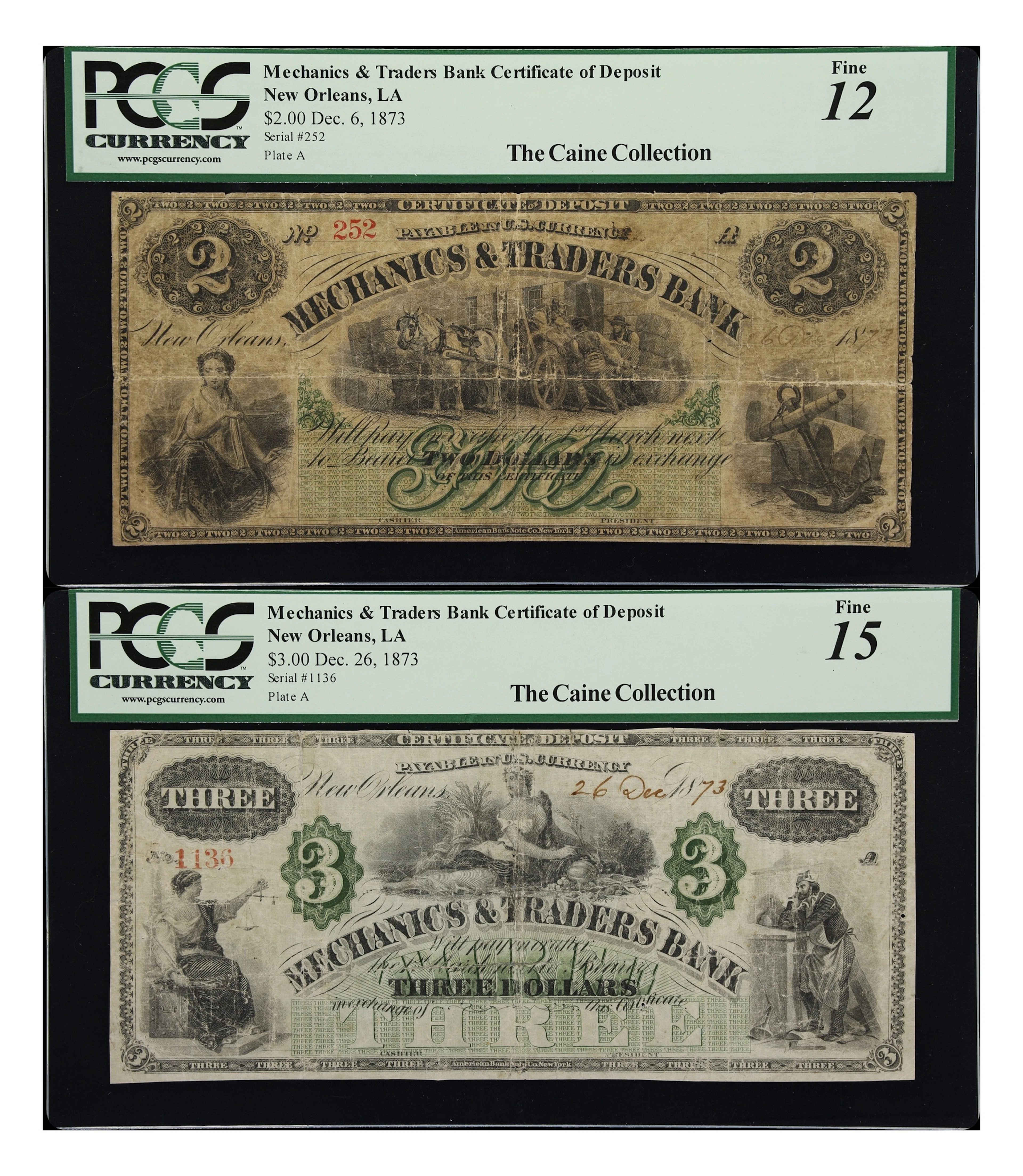 Lot of (2) New Orleans, Louisiana. Mechanics & Traders Bank. 1873