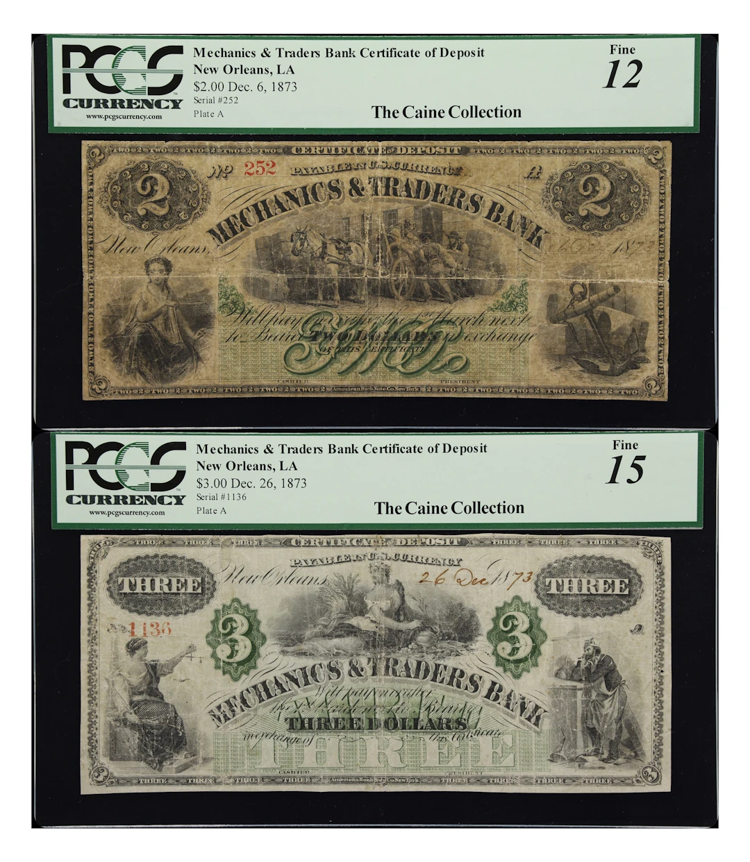 Lot of (2) New Orleans, Louisiana. Mechanics & Traders Bank. 1873