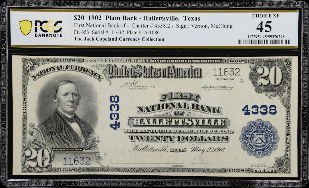 Hallettsville, Texas. $20 1902 Plain Back. Fr. 653. First NB. Charter