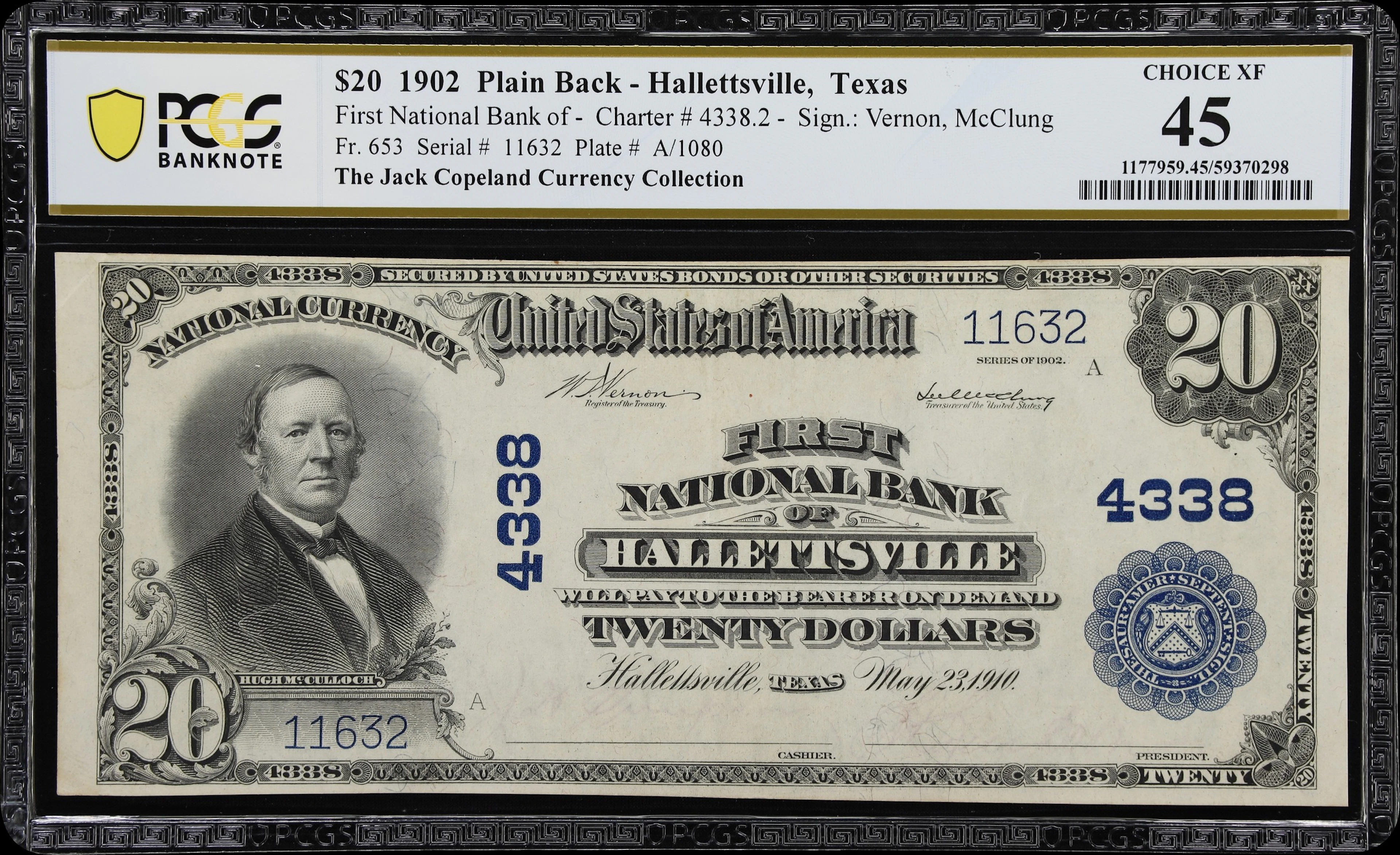 Hallettsville, Texas. $20 1902 Plain Back. Fr. 653. First NB. Charter